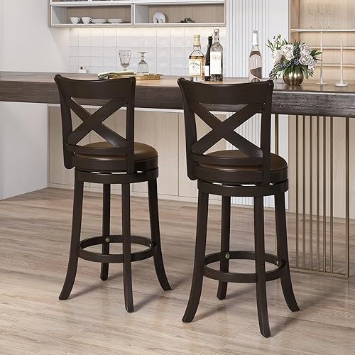 Miniatura 2 de COSTWAY Juego de 2 taburetes de bar, taburete giratorio de altura de mostrador con respaldo curvo, asiento de piel sintética y patas de madera de