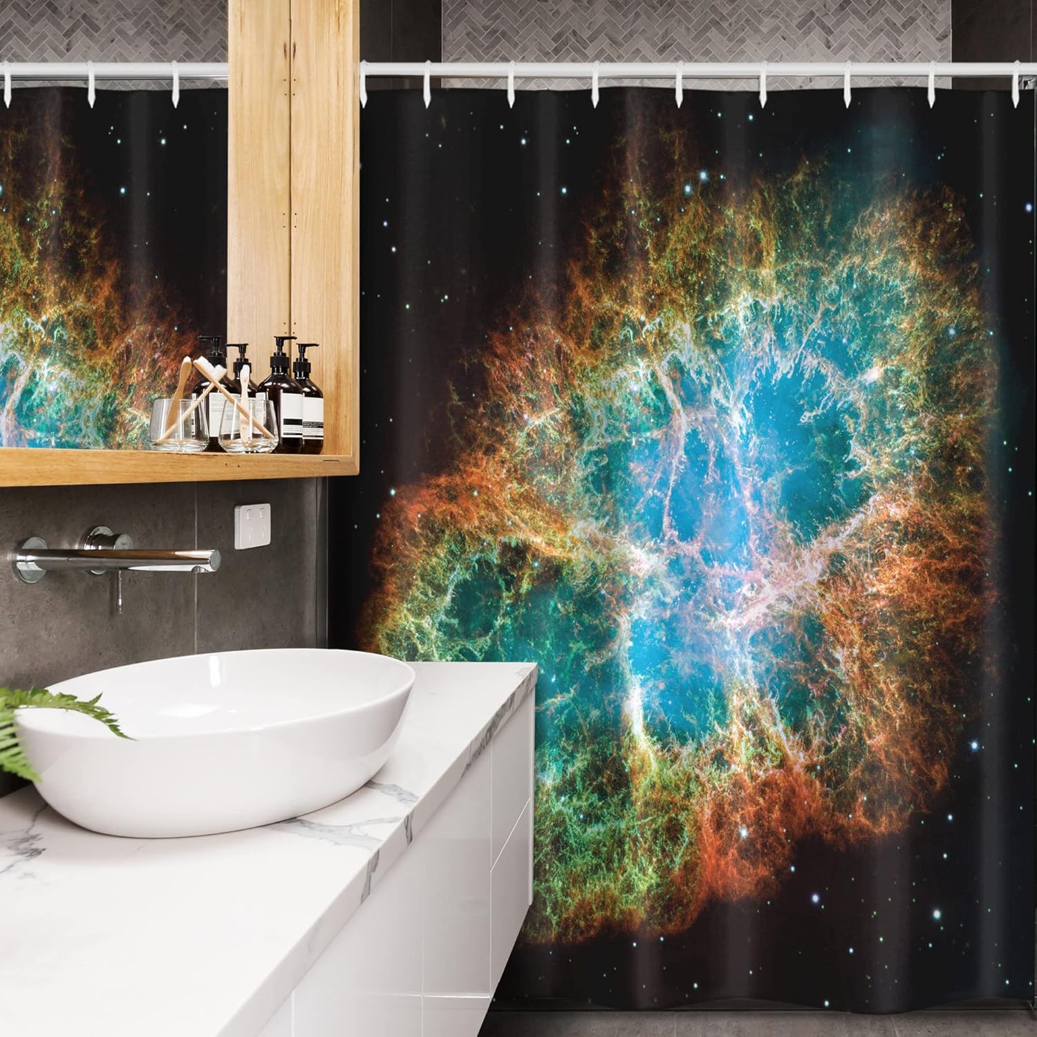 Ambesonne Outer Space Stall Shower Curtain, Image of Crab Nebula in Early Age Clean Version of Original Space Print, Fabric Bathroom Decor Set with Hooks, 54" W x 78" L, Black Teal Orange