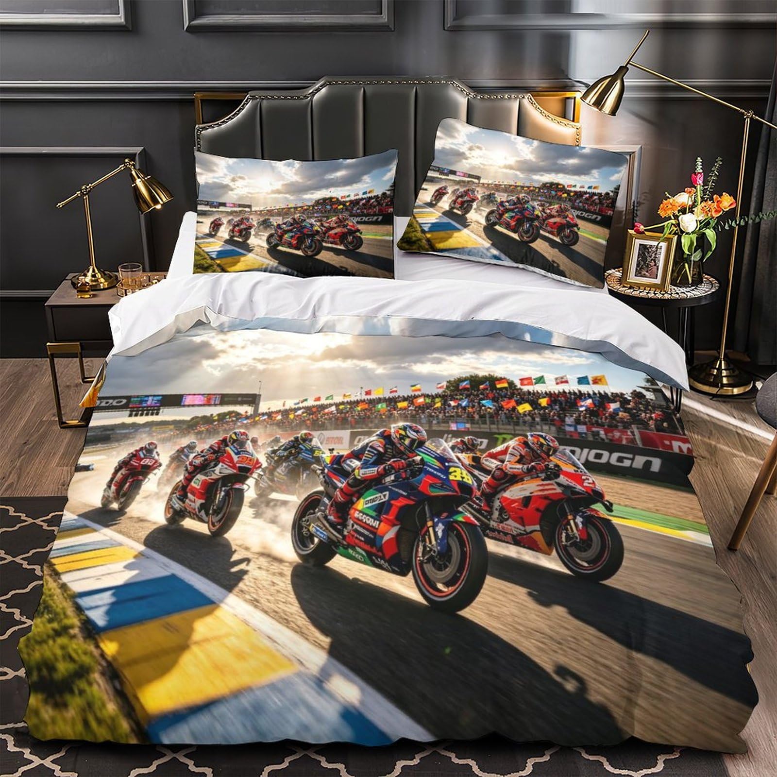 DAFUfbw Colorful Motor Road Racing Bed Linen Set Double（200x200cm）, Motorcycle Race Duvet Cover with Pillowcases, Soft Microfiber Quilt Cover Set