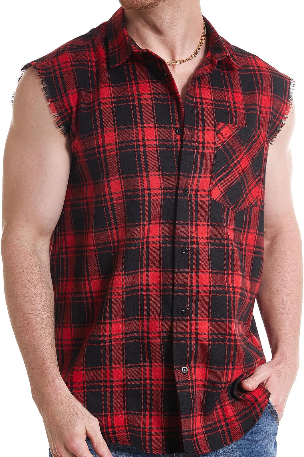 Sleeveless Plaid Front Shirt for Men,Cowboy Button Down Shirts