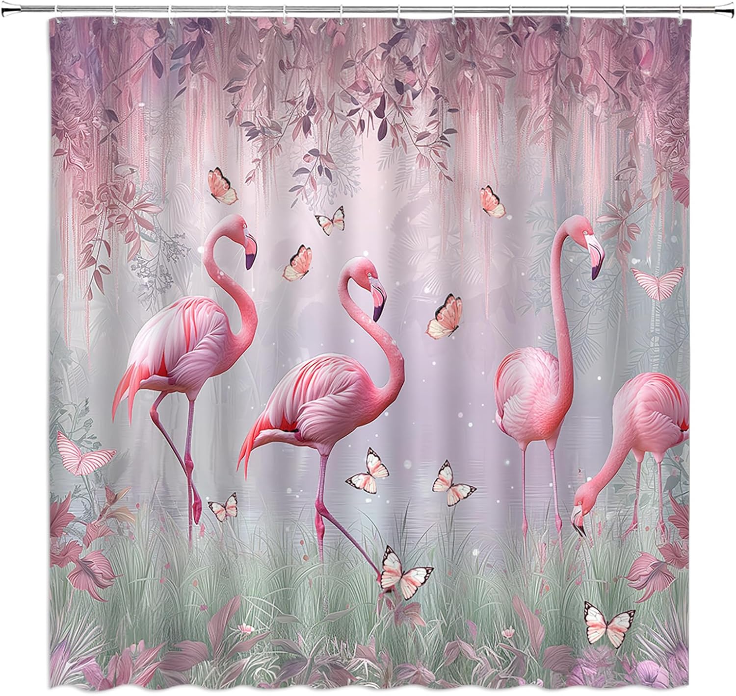 Flamingo Shower Curtain Pink Floral Butterfly Tropical Forest Wildlife Flamingo Bird Dreamy Nature Scenery Bathroom Decor Fabric Curtain with Hooks, 6770GB-180x243