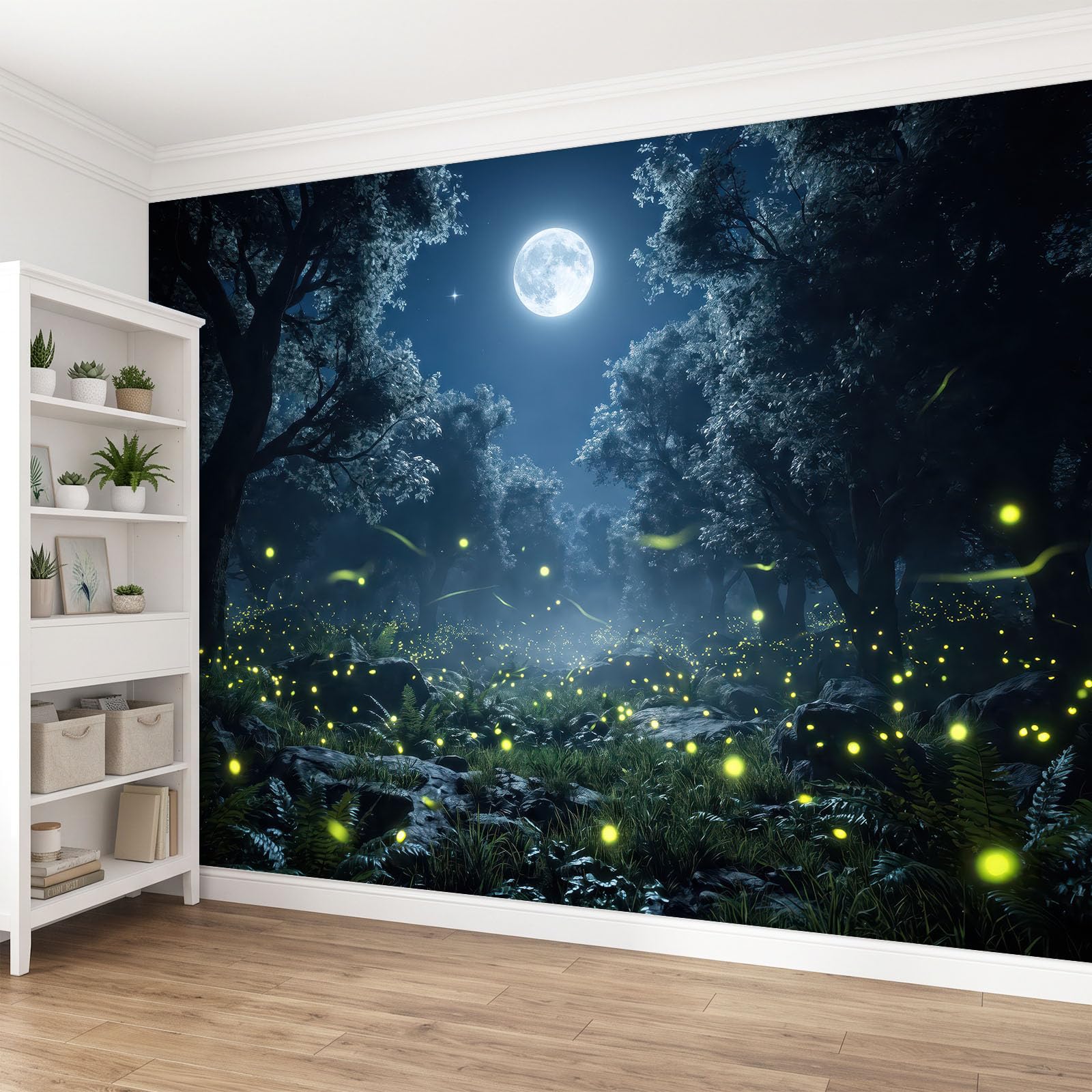 Fantasy bajkowy las mural ścienny 200 x 140 cm, księżyc świetliki pokój dziecięcy plakat mural, HD druk 3D włóknina fototapeta, nowoczesny salon sypialnia tło TV dekoracja ścienna