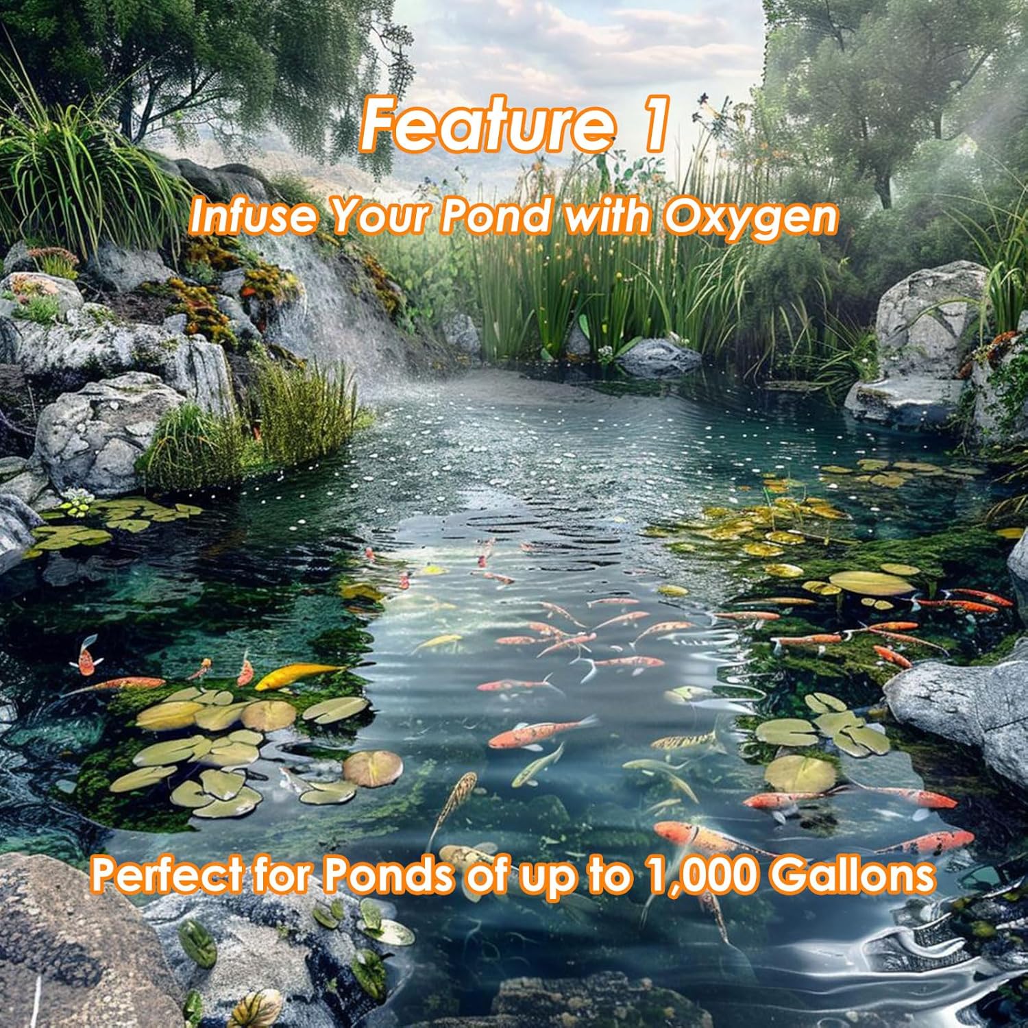 A clear pond with visible bubbles from the aerator, surrounded by lush greenery and rocks, illustrating the oxygenation process. Text overlay: 'Infuse Your Pond with Oxygen'.
