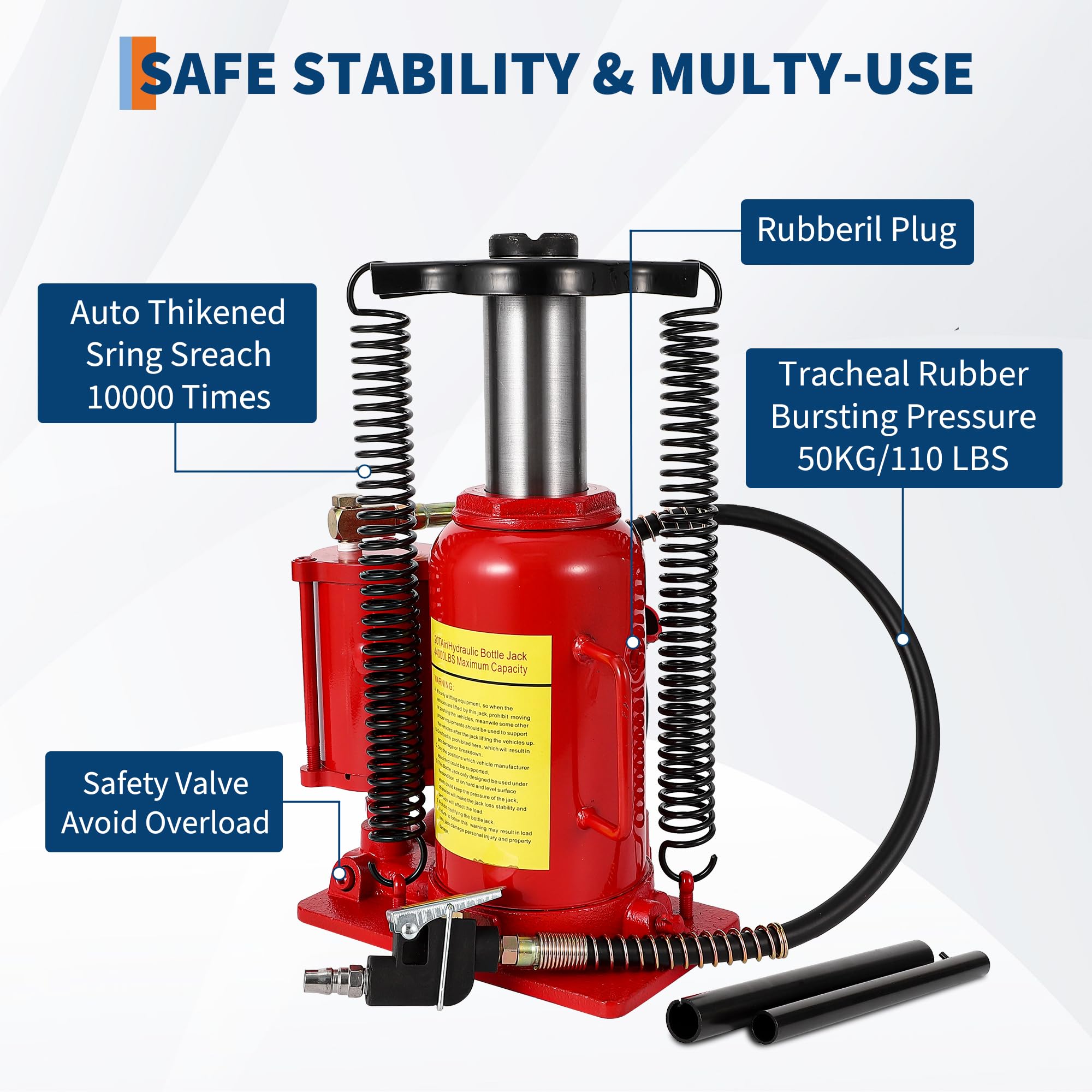Cric Idraulico a Bottiglia Pneumatico 20T – Profilo Basso – Doppio Azionamento Manuale/Aria – Struttura Saldata Anti-Perdita – Valvola di Sicurezza – Sollevamento 260-510 mm – Modello 8004