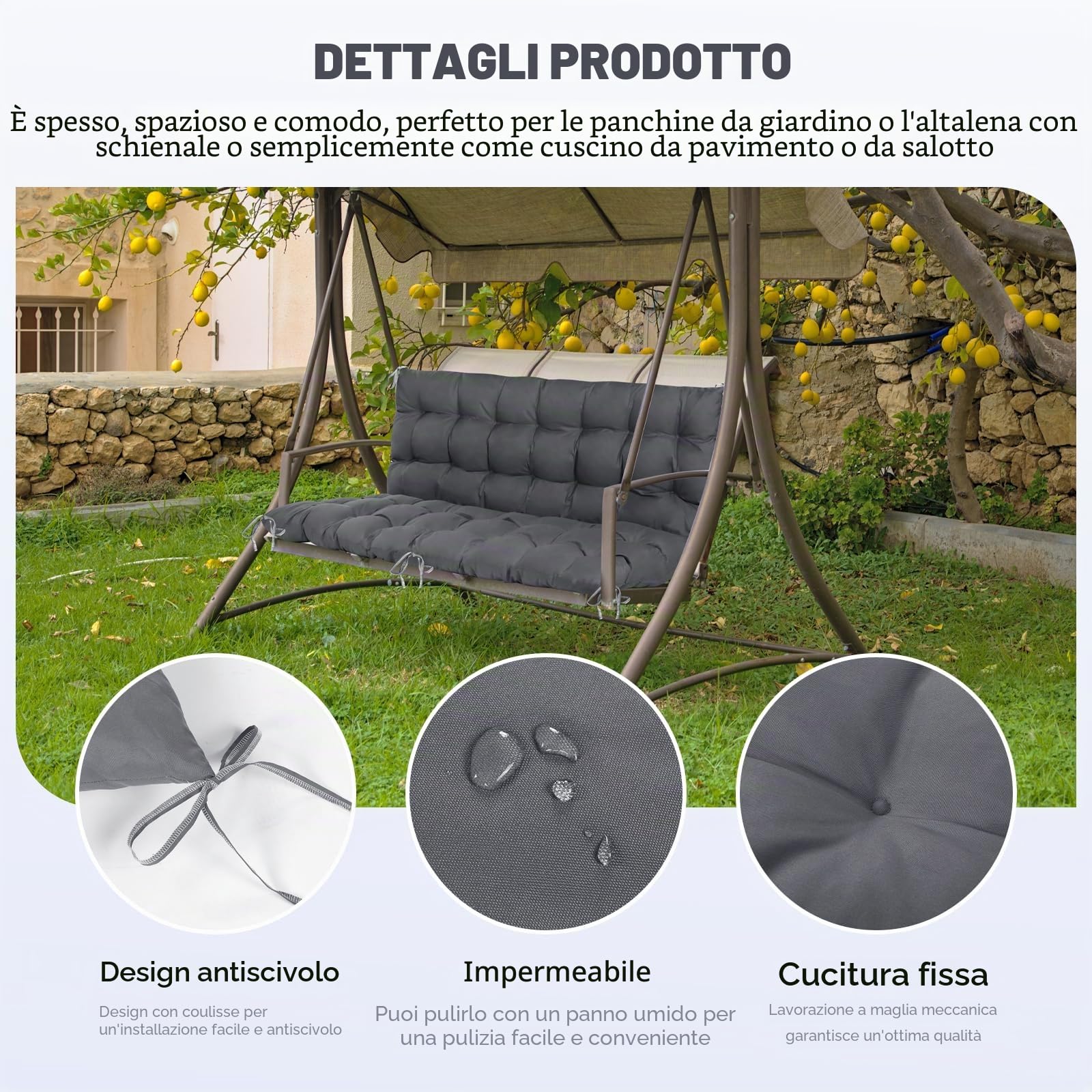 Goutime Cuscino per Panca da Giardino e Sedia a Dondolo 2 Posti, 150x100 cm – Extra Spesso e Morbido, Antiscivolo e Impermeabile, Sedile con Legatura, Schienale Reclinabile (Grigio)