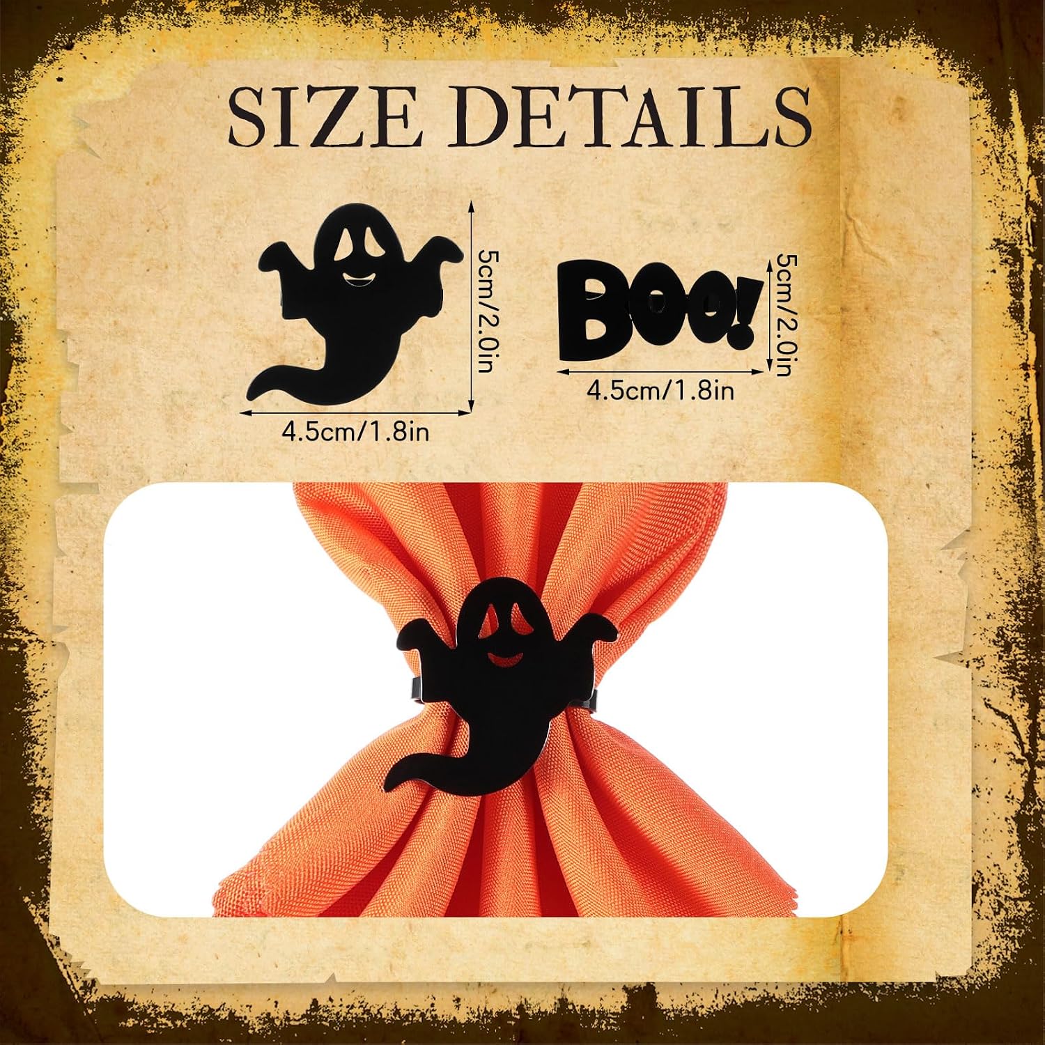 Bokon 8 Pack Halloween Napkin Ring Set Fall Thanksgiving Metal Napkin Rings and Washable Dinner Napkins for Home Dinner Table Setting, Halloween Party Decorations(Ghost,Orange)