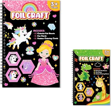 Art & Craft Activity,Foil Art Princess and Animals DIY Art Kits,No Mess Creative Foil Art Kits Set Drawing Game for Kids