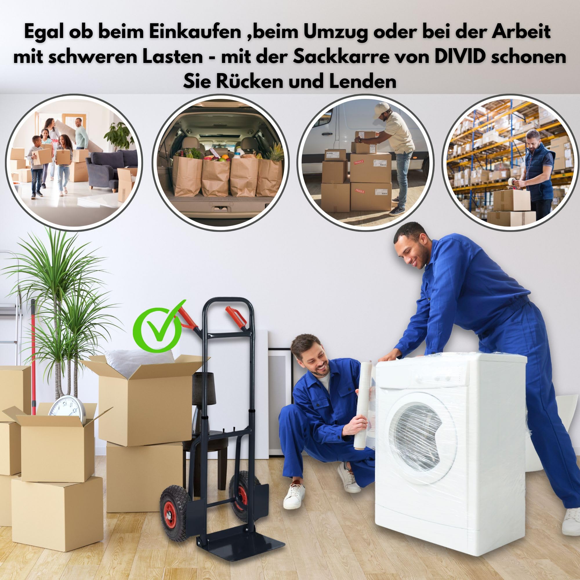 DIVID® Klappbare Sackkarre max. 200Kg, Stahl, ergonomisch Transporter für Umzüge, Lager und Einkäufe (Schwarz)