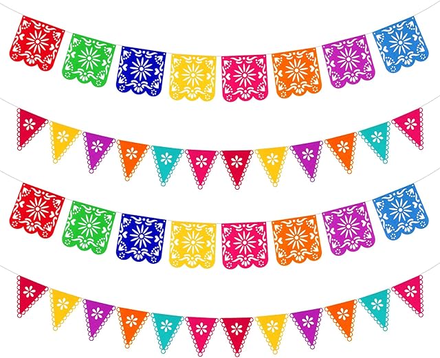 Qpout 4 Pack Day of the Dead Banners, Colorful Mexican Fiesta Party Dia De Los Muertos Garland Decoration, Mexican Cinco de Mayo Party Favor Baby Shower Kids Birthday Indoor Outdoor Decor Flag