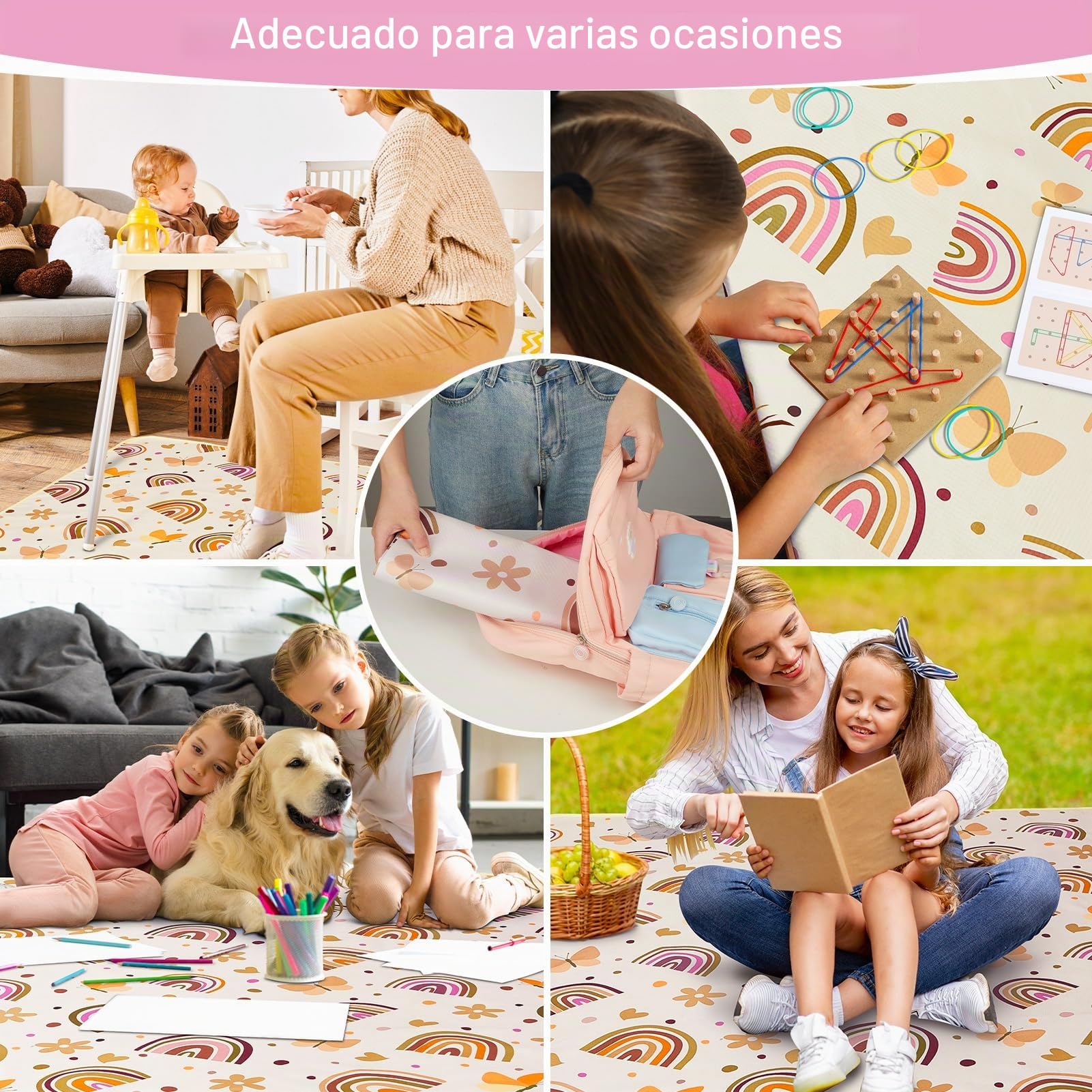 Unicorn Castle Alfombrilla Trona Bebé 107x117cm, Alfombra Impermeable Lavable Antideslizante, Splash Mat Plegable y Portátil para Comidas y Protección del Suelo,Brown Rainbow