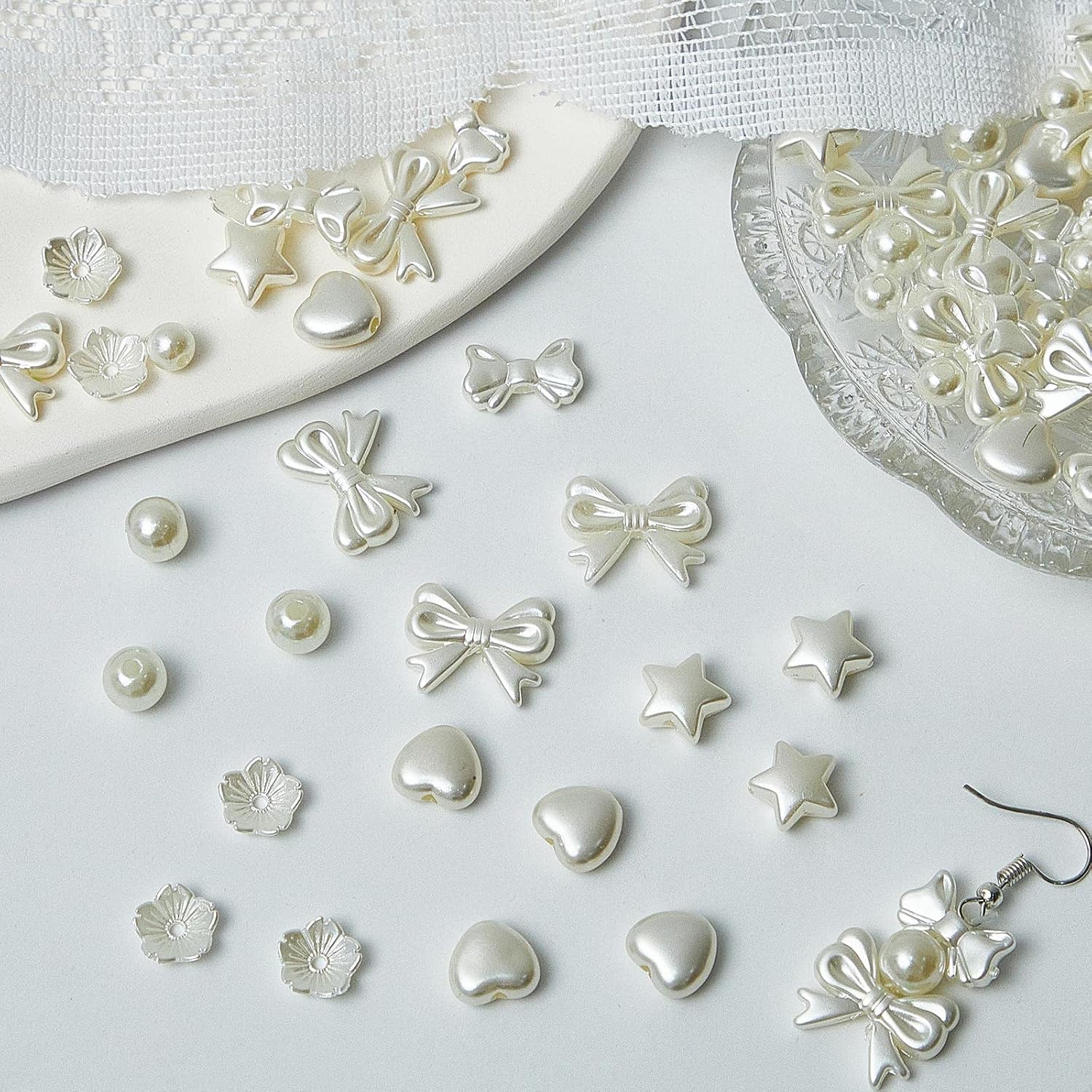 Juexica 500 Pcs ABS Imitation Pearl Beads Star Heart Bowknot Circle Flower White Aesthetic Beads for Jewelry Making Bracelets Necklaces Earrings Key Chains Accessories DIY Crafts(Classic Style)