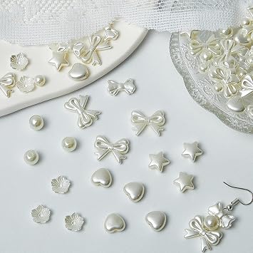 Juexica 500 Pcs ABS Imitation Pearl Beads Star Heart Bowknot Circle Flower White Aesthetic Beads for Jewelry Making Bracelets Necklaces Earrings Key Chains Accessories DIY CraftsClassic Style