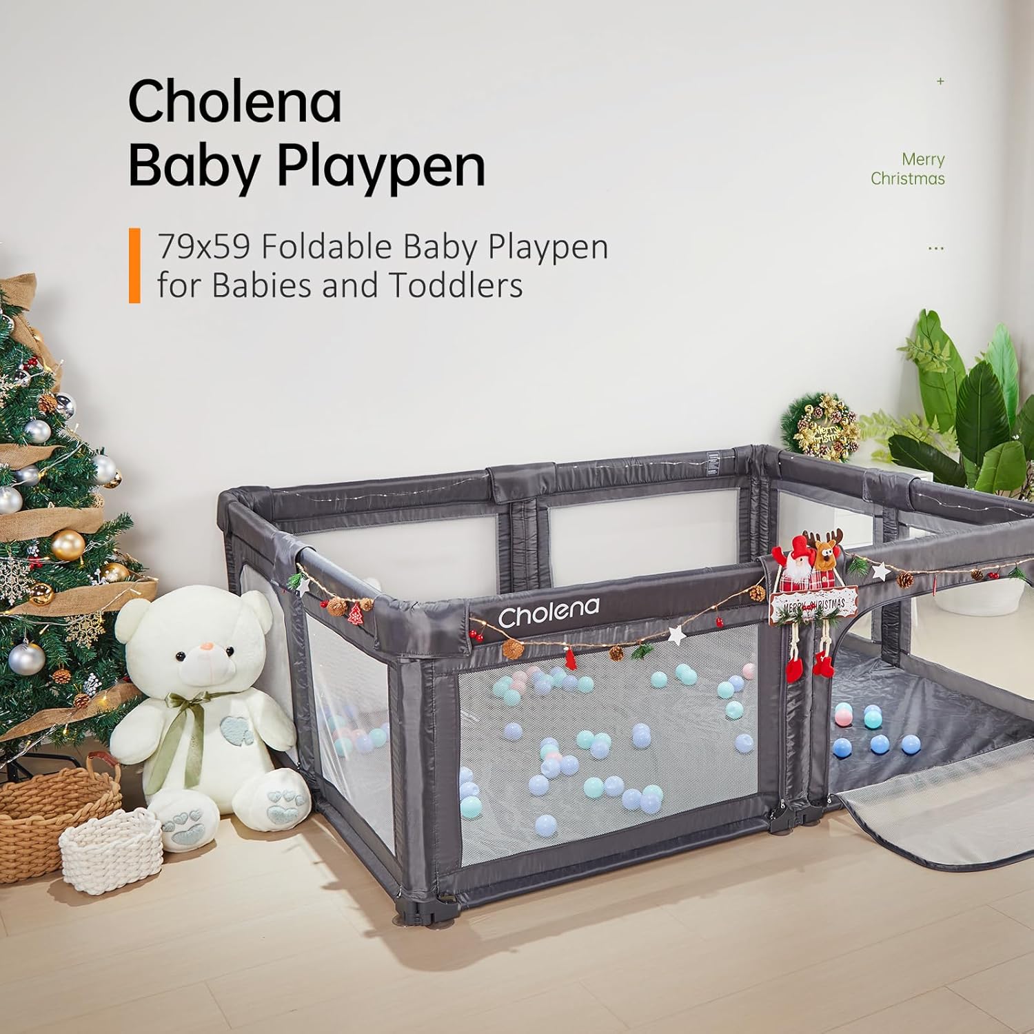 Cholena Play Pen 79"x59" Foldable Baby Playpen with Bottom – Play Yard for Contained Play Space, Indoor Safety Fence with Zipper Door（Deep Grey）