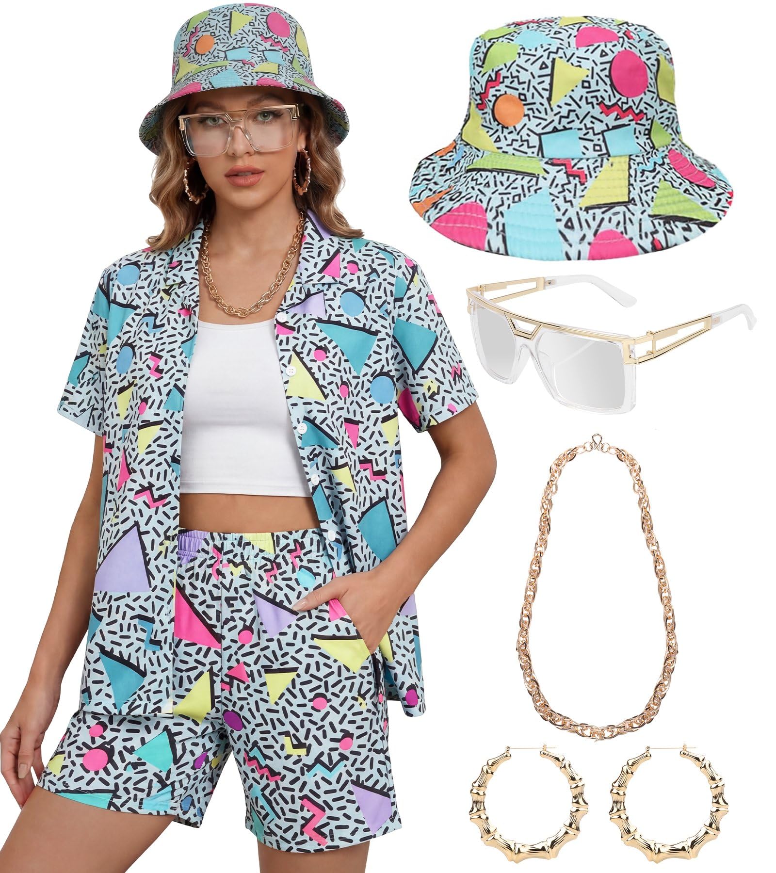Traje de los años 80 y 90 para mujer, disfraz de hip hop, blusa hawaiana de manga corta, 6 piezas