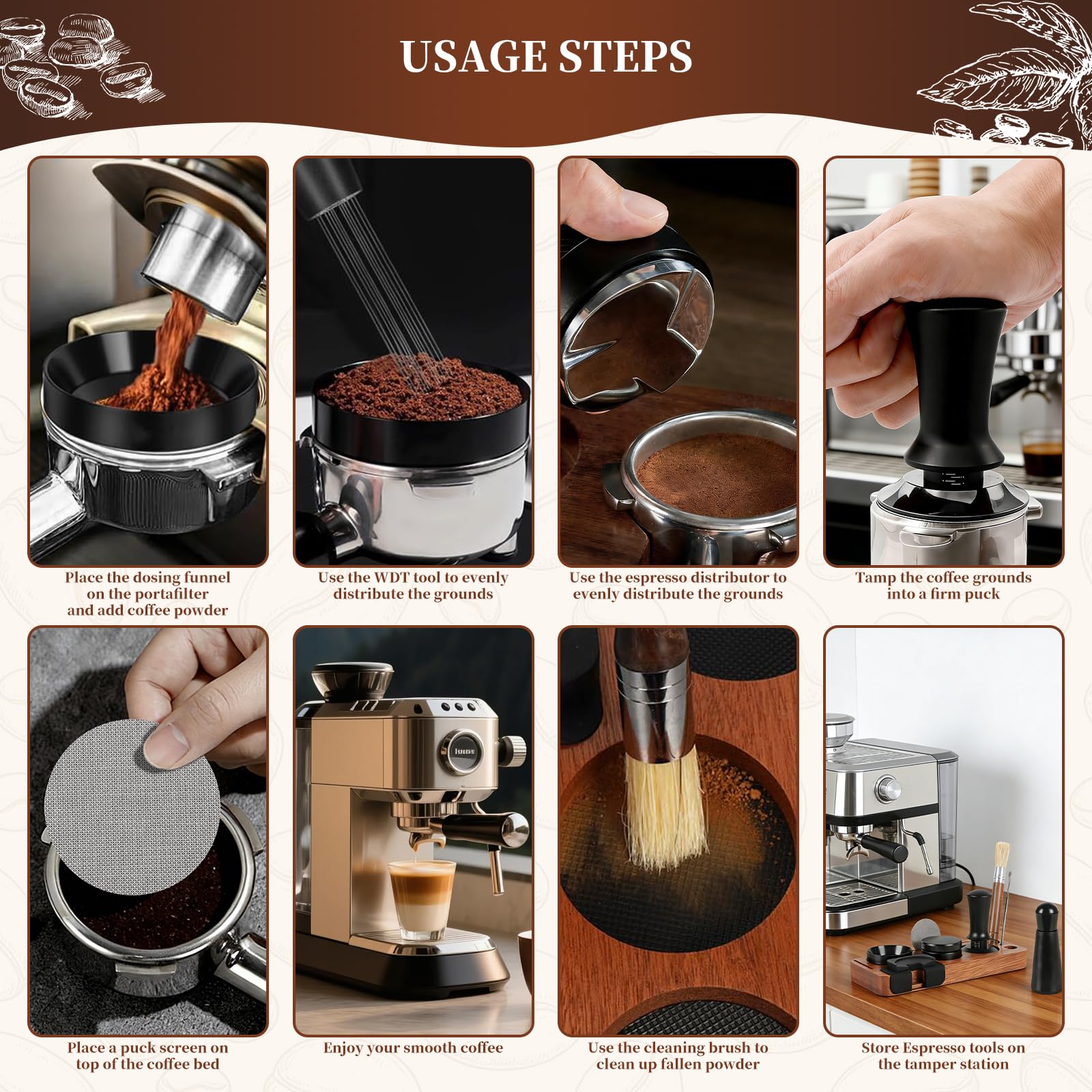 Kit Cafe Barista 51 mm, 8 Piezas Accesorios Cafetera con Tamper, Distribuidor, WDT Tool, Anillo Dosificador, Puck Screen, Tamper Station, Cepillo Limpiador y Latte Art Pen, Juego de Prensador de Cafe