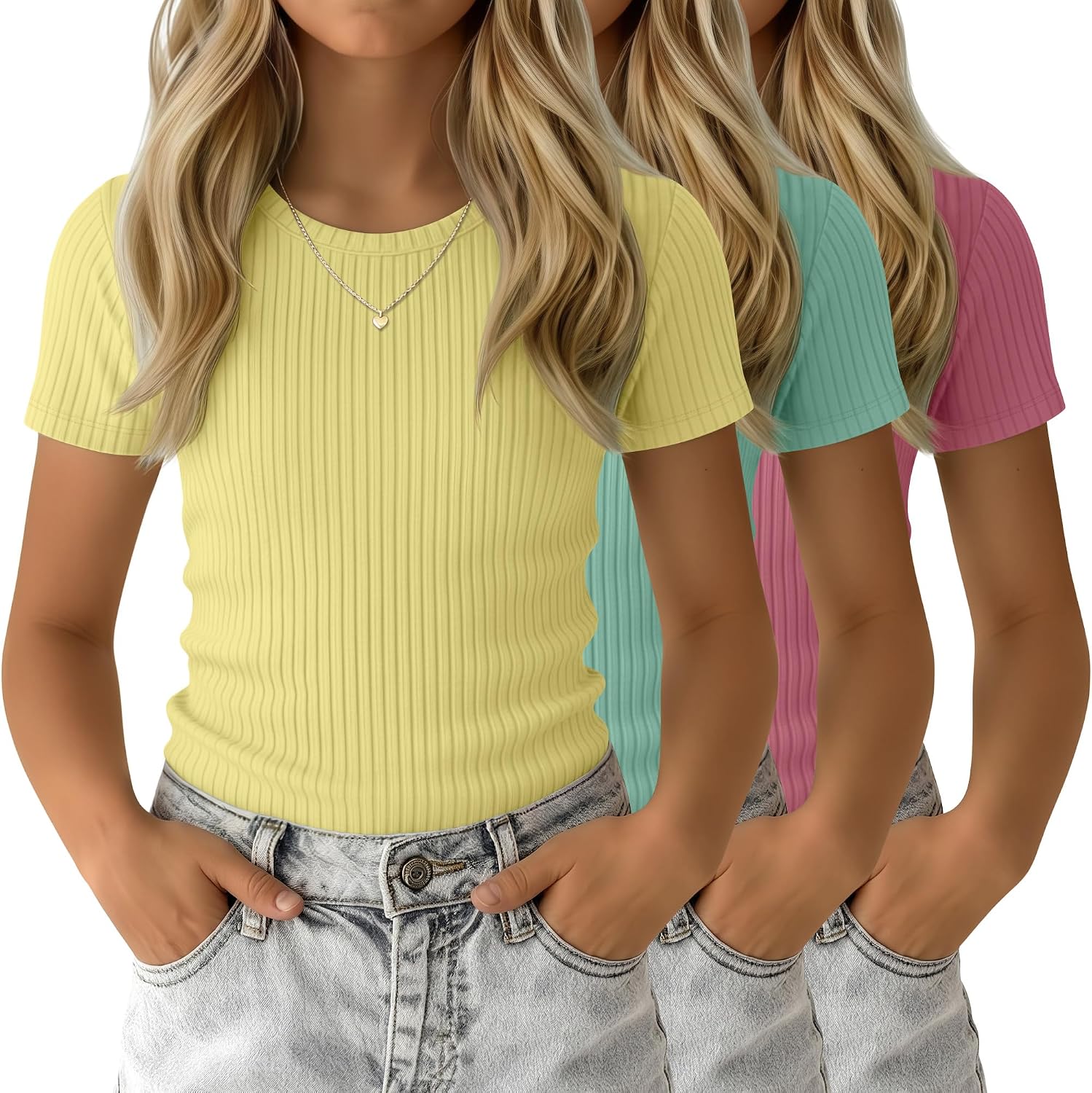 3 Pack Girls' Shirts Cute Basic Tees Tween Summer Ribbed Top Teens Short Sleeve Vacation T-Shirt for Kids Ages 5-14