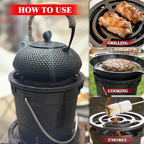 Miniatura 6 de Parrilla Hibachi 2 en 1 para exteriores, hierro fundido pre-sazonado, parrilla de carbón MINI portátil de mesa para acampar - con puerta de