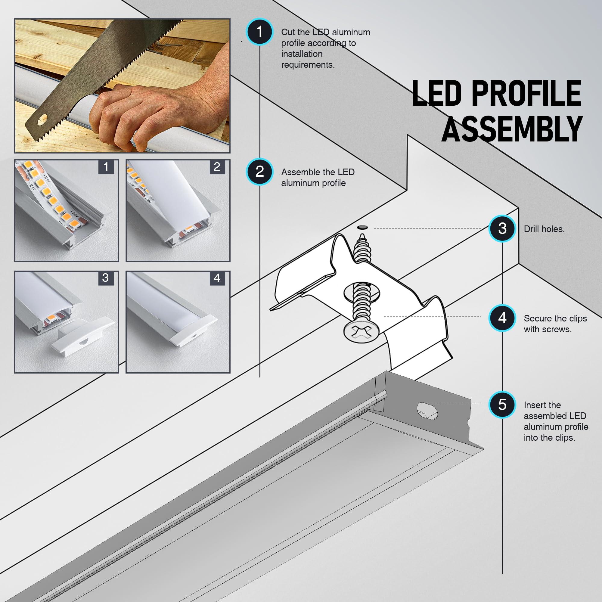 GEEKLUX 10 x Profili per Strisce LED da 2 m in Alluminio (Totale 20 m (WJ012_(24.7 x 7mm)_U_LED≤12mm, 20 x 2m_(40m))