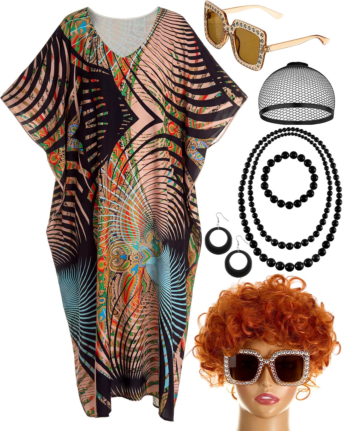 9 Pcs Landlady Costume set Including Caftan Dress Curly Wig Necklace Earring Bracelet Sunglasses for Halloween