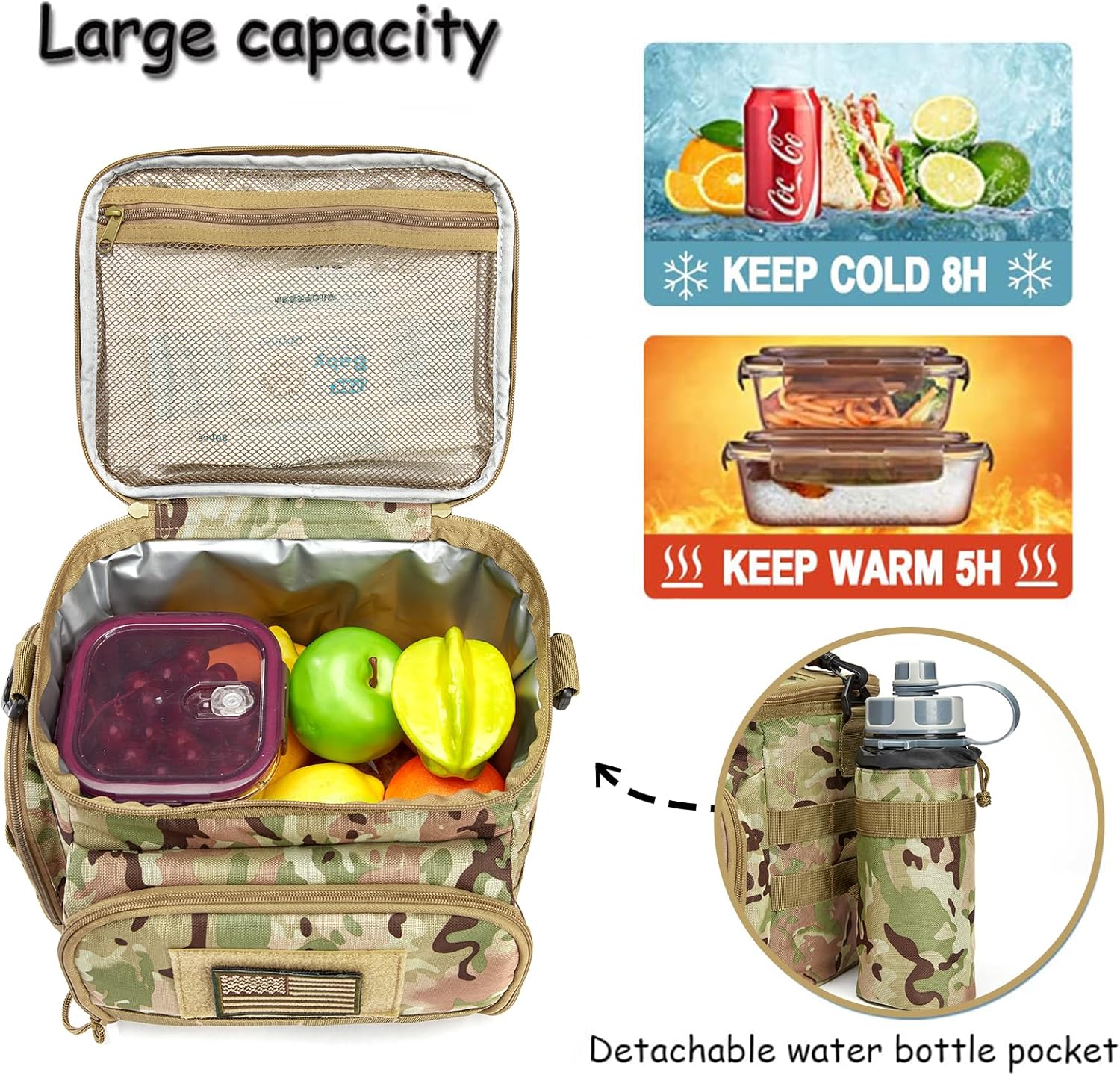 MOV COMPRA Tactical Lunch Bag for Men, Insulated Lunch Box Leakproof for Men Large Capacity with MOLLE Water Bottle Pouch Lunchbox for Adults for Work, Picnic(Camouflage Green) - Image 6