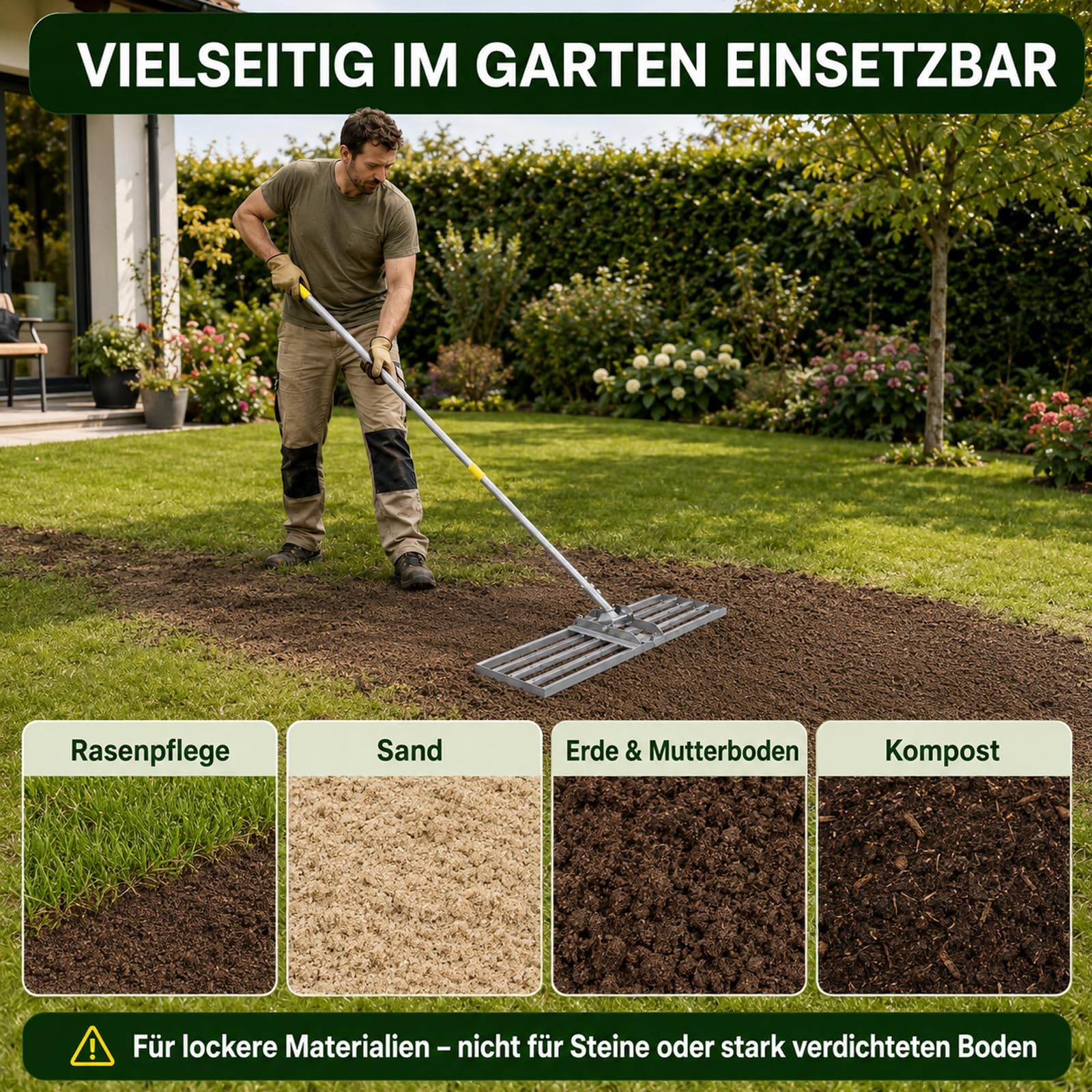 Rasenrakel 213 cm, 76 x 25 cm Rasen-Nivelliergerät aus Edelstahl