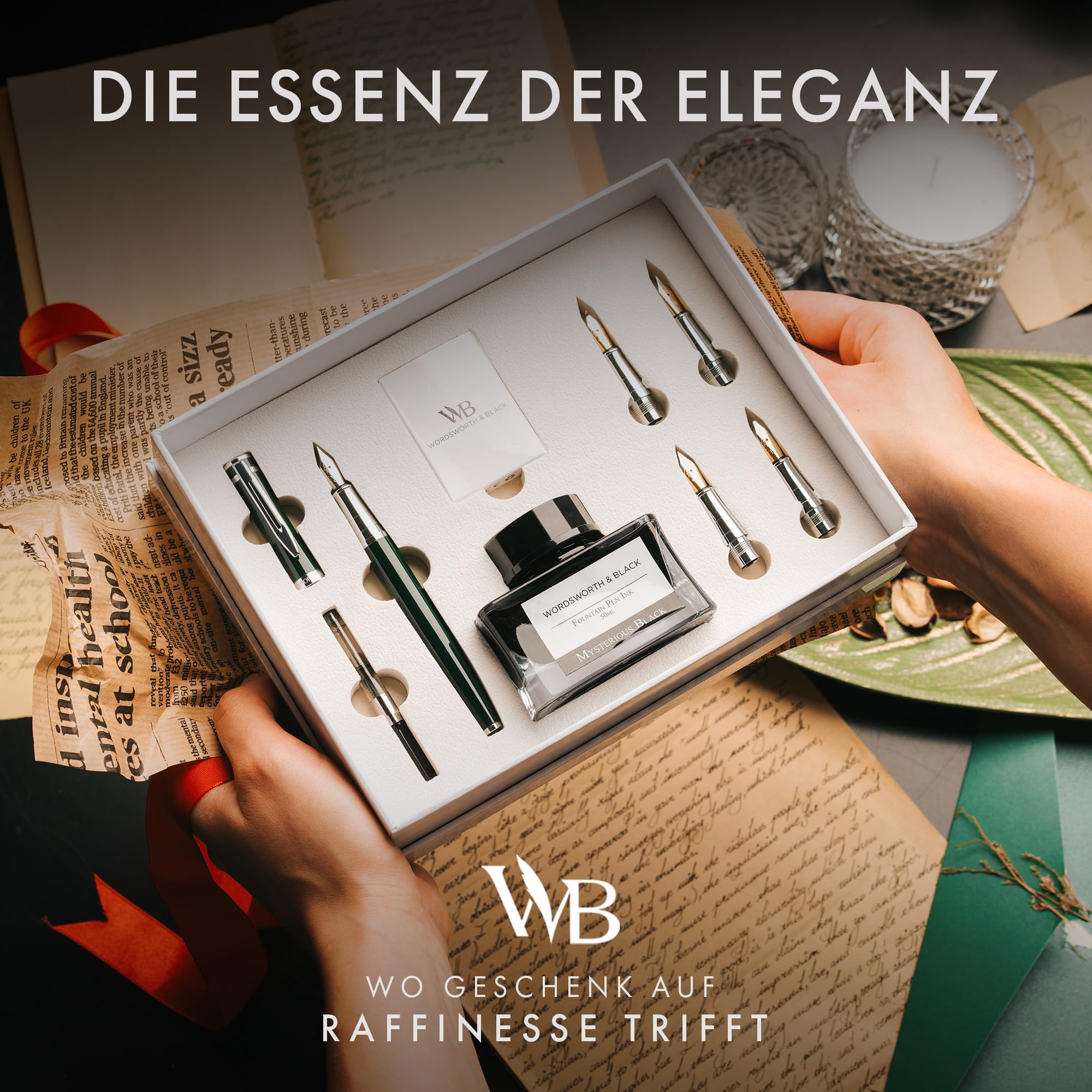 Wordsworth & Black Füllfederhalter-Geschenkset, beinhaltet Tintenflasche, 6 Tintenpatronen, Tintenauffüllkonverter, 4 Ersatzfedern, Premium-Paket, Journaling, Kalligraphie, [Grüner Chrom]