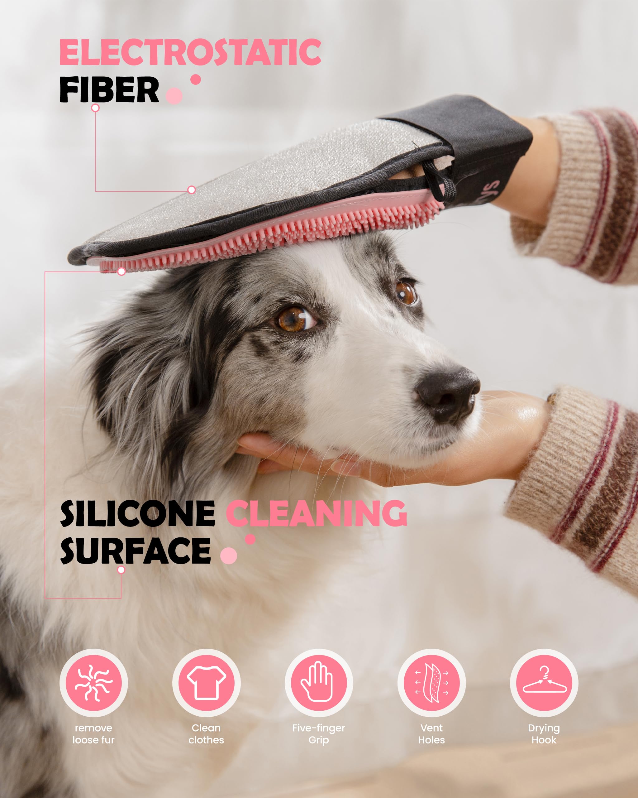 Tierhaarentfernungshandschuh für Hunde und Katzen, 2-in-1 doppelseitiges Haustierpflege-Werkzeug, elektrostatischer Tierhaarentferner-Handschuh für Kleidung und Möbel + Silikonbürste zum