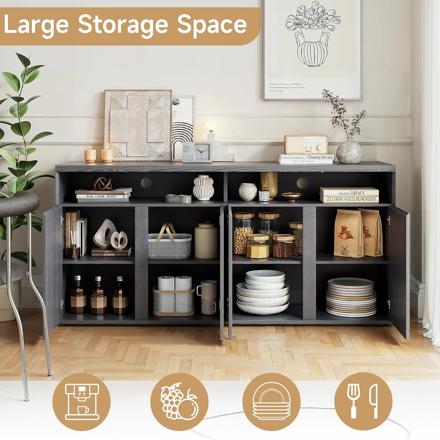 ONBRILL Buffet Cabinet with Storage, 63" Sideboard Cabinet with 4 Doors & Shelves, Modern Kitchen Storage Cabinets, Coffee Bar Console Table for Dining Room, Living Room, Black & Grey