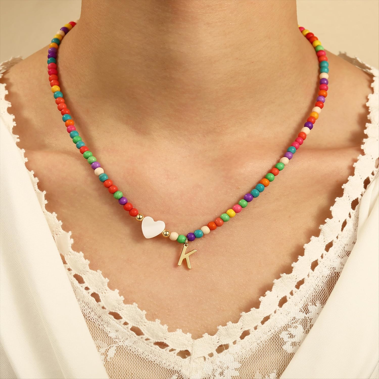 Colorful Initial Necklaces for Women Trendy, Beaded Trendy Stuff Heart Initial Letter Necklace for Womens Dainty Beads Gifts Choker Necklaces Jewelry Christmas Gifts Teens - Image 2