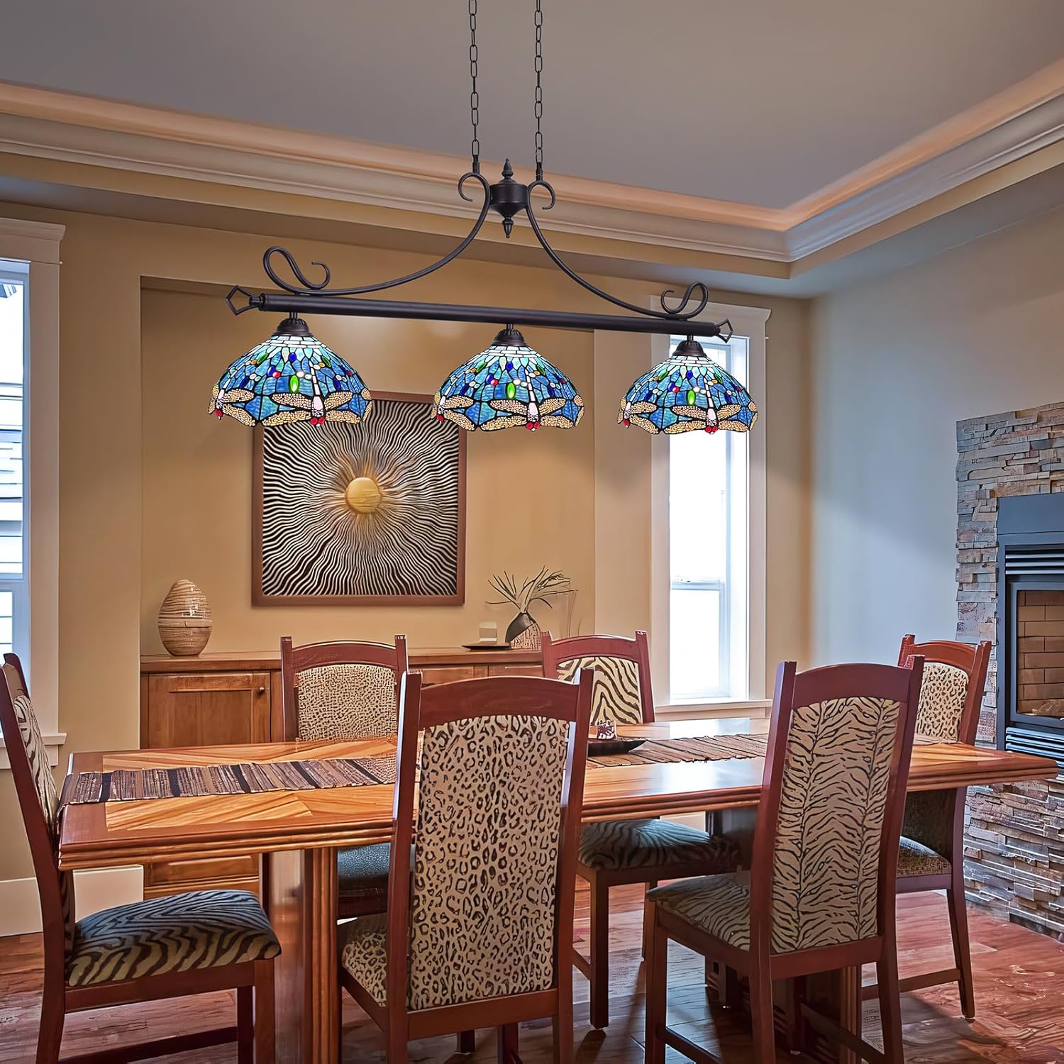 Capulina Tiffany Lamp Stained Glass Pool Table Light 3-Light 45 Inches Wide Antique Blue Dragonfly Tiffany Style Pendant Light Chandelier for Dining Room Kitchen Island Farmhouse Billiard