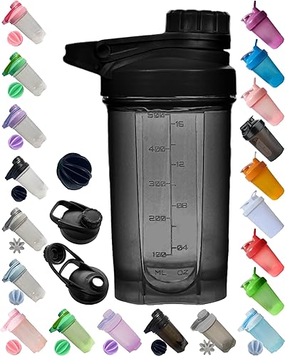 Shaker Bottle en negro oscuro con elegante diseño mecánico (tapa giratoria bloqueable antifugas fijo con brazo delgado, bucle moden grande), cuerpo