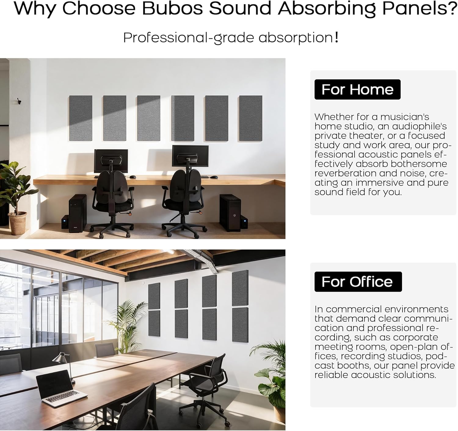 BUBOS 4 PCS Fabric Acoustic Panels, 23.6''x11.8''x1'' Self-Adhesive Soundproofing Panels for Home Studio, Office & Living Room, Sleek Design to Eliminate Echo,Fabric-Clad Grey