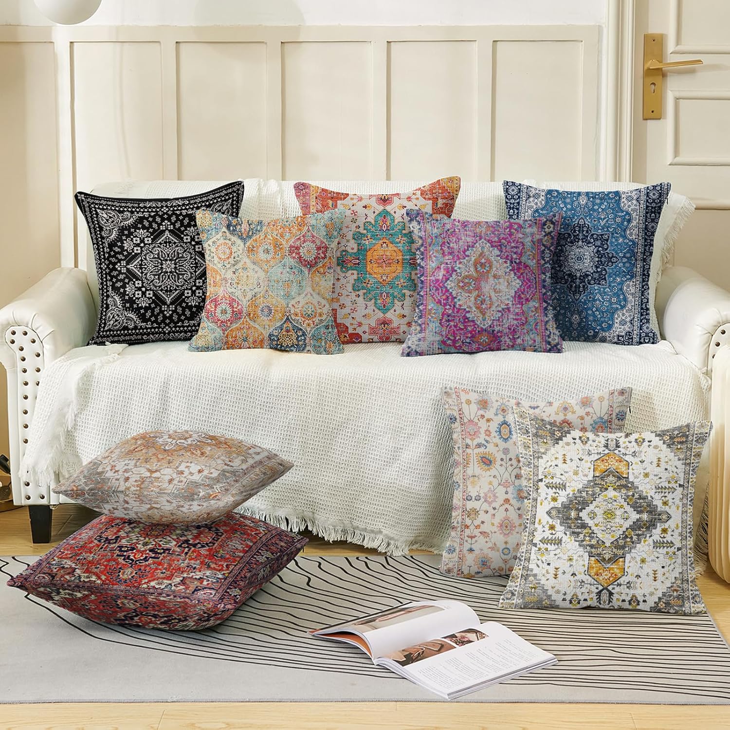 Boho Throw Pillow Covers 26x26 inch Set of 2,Soft Pillowcases Bohemia Carpet Printing Pattern Decorative Sofa Living Room Bed Square Pillow Case Cushion Cover-Cream Color - Image 3