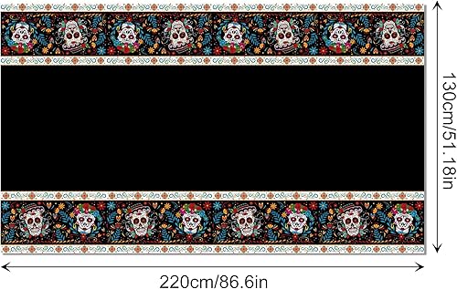 Miniatura 4 de 1 mantel de plástico para fiesta del Día de los Muertos, 54 x 87 pulgadas, mantel rectangular largo de calavera colorida para bufé, fiesta mexicana,