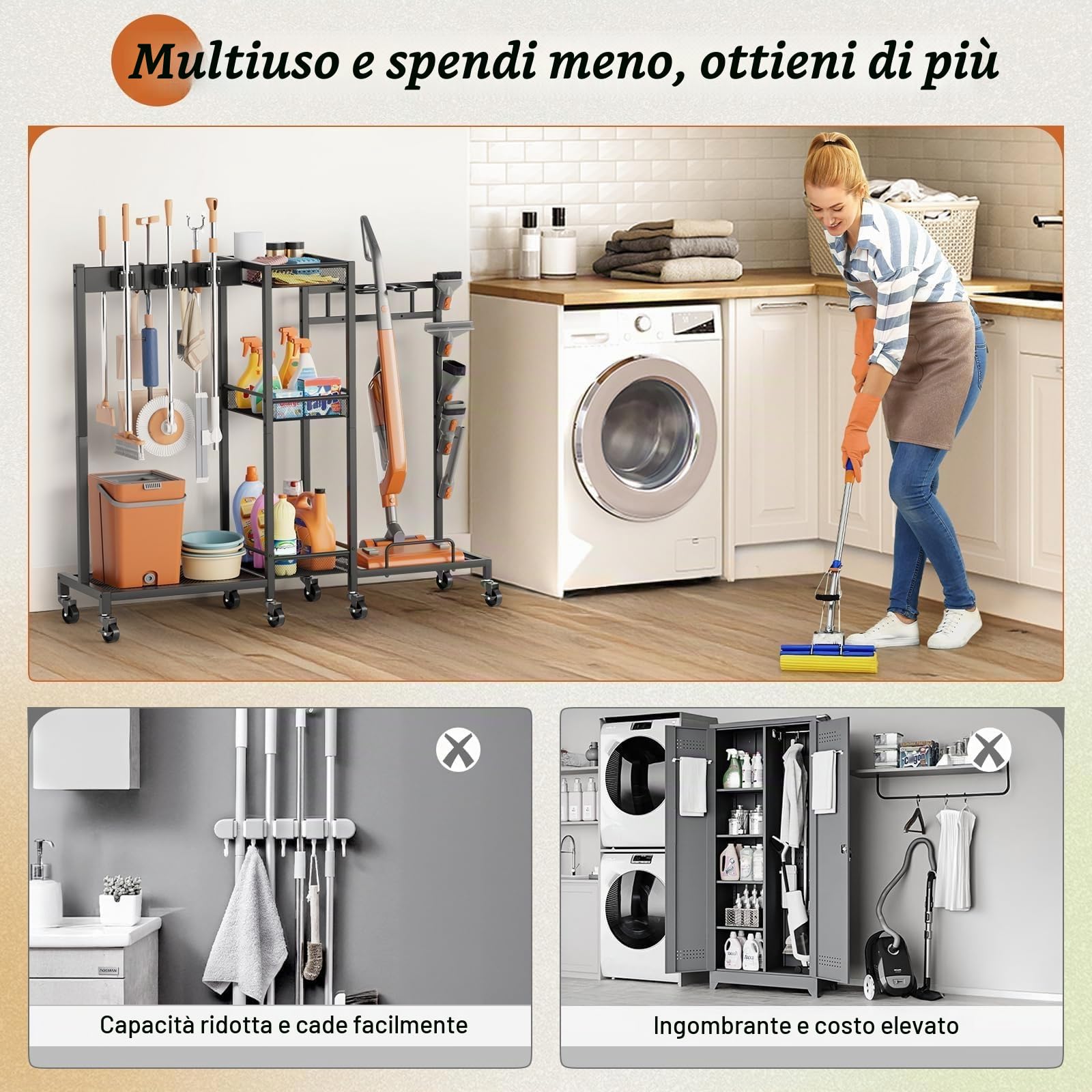 Bikoney Portascope e Organizer Prodotti Pulizia, Carrello Pulizie con Ruote e Armadietto, Mobile Porta Scope e Mocio con Supporto Aspirapolvere, Carrello Multiuso per Casa e Lavanderia