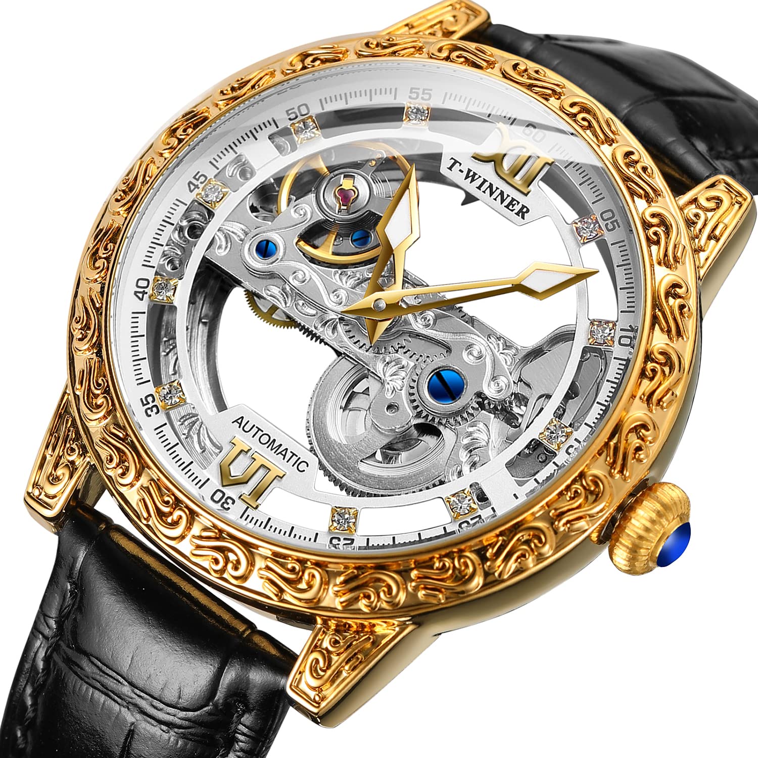 FORSINING Tourbillon Herren-Armbanduhr, mechanisch, luxuriös, Blumenmuster, gravierbar, wasserdicht, Skelett-Armbanduhr, Transparent, Mechanisch