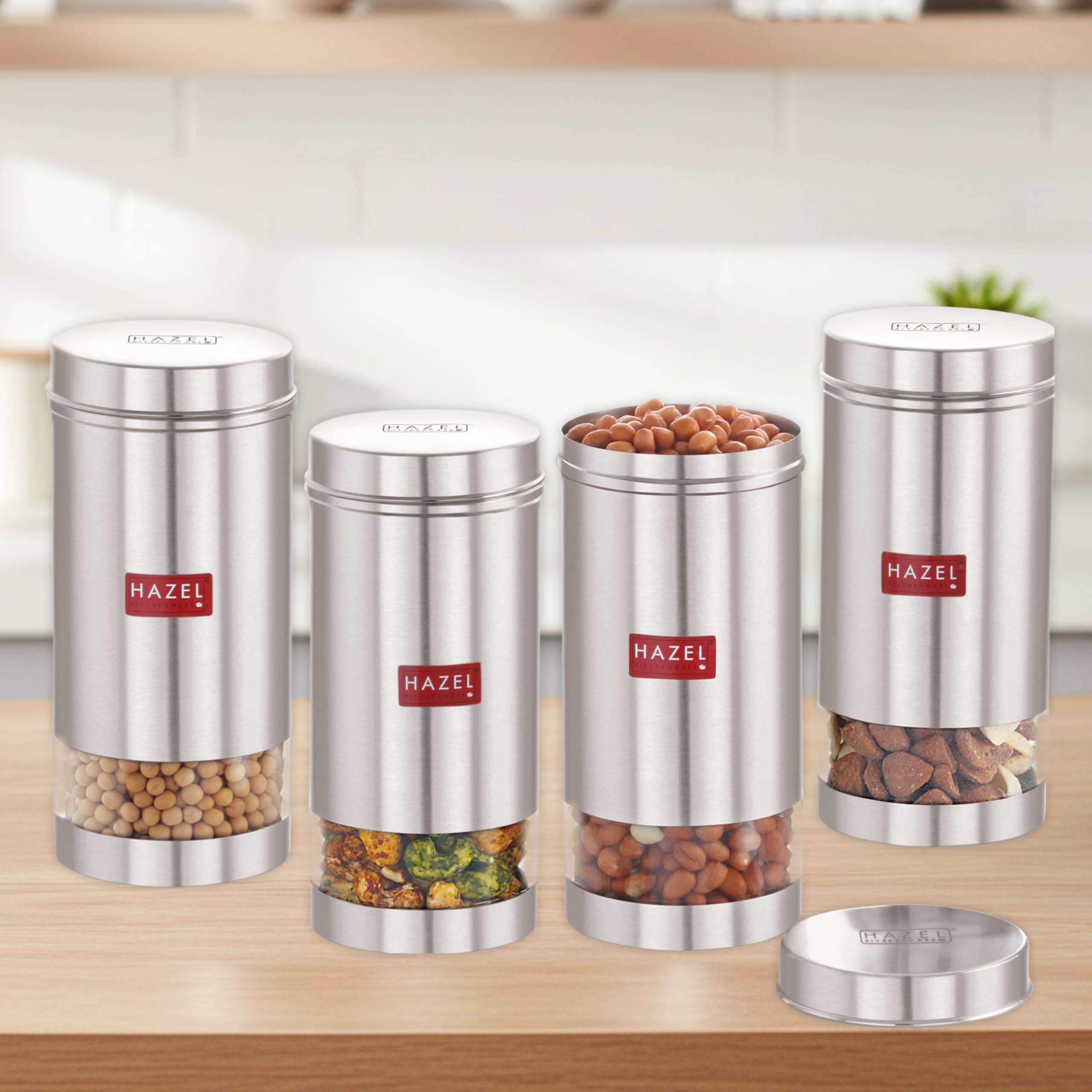 HAZEL Stainless Steel Transparent See Through Container, Silver, Set of 4, 1000 Ml