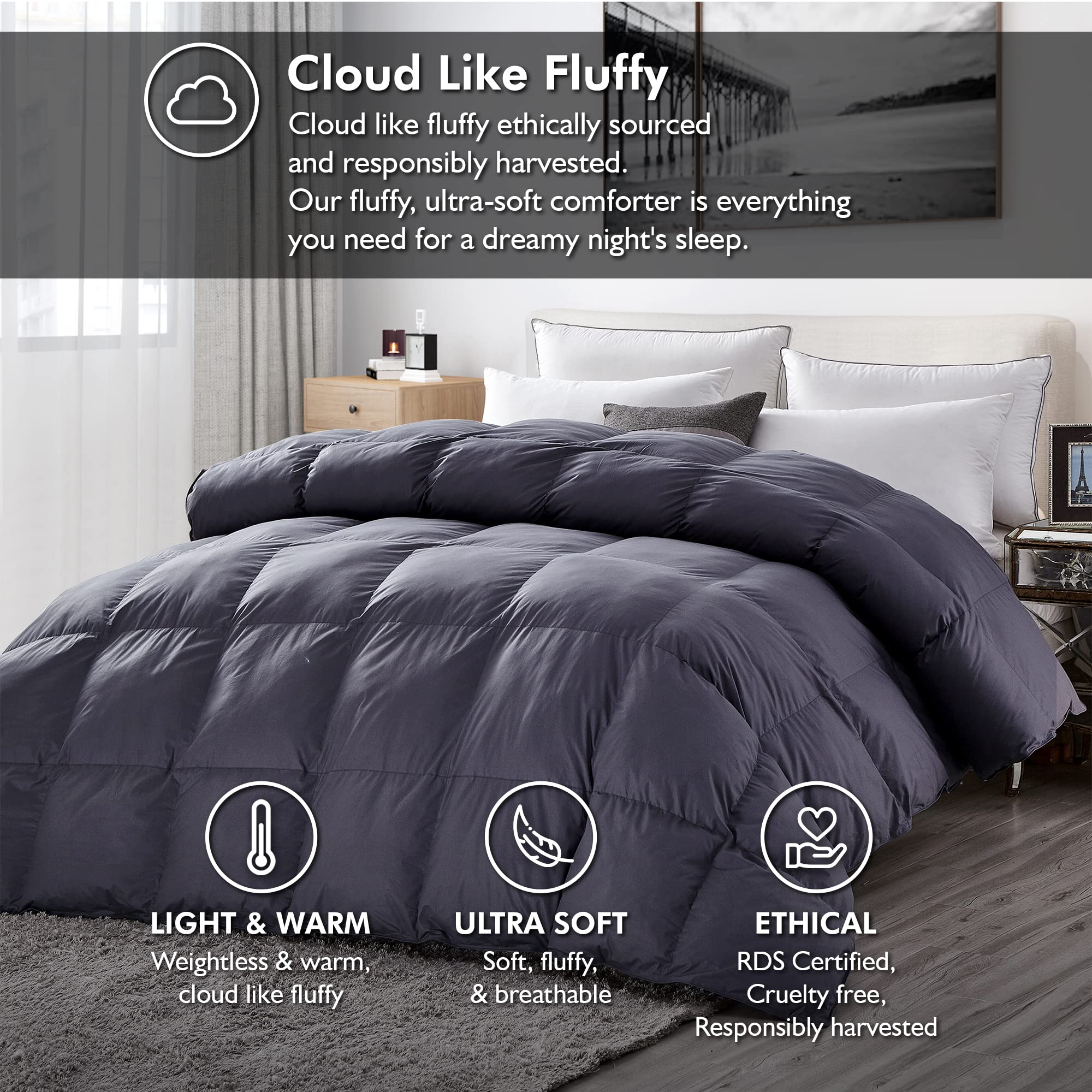 Luxurious California King (Cal King) Size Goose Down Feather Fiber Comforter Duvet Insert, 108 X 98 inches, 100% Egyptian Cotton Cover, 80 oz. Fill Weight Comforter (Cal King, Gray Solid)