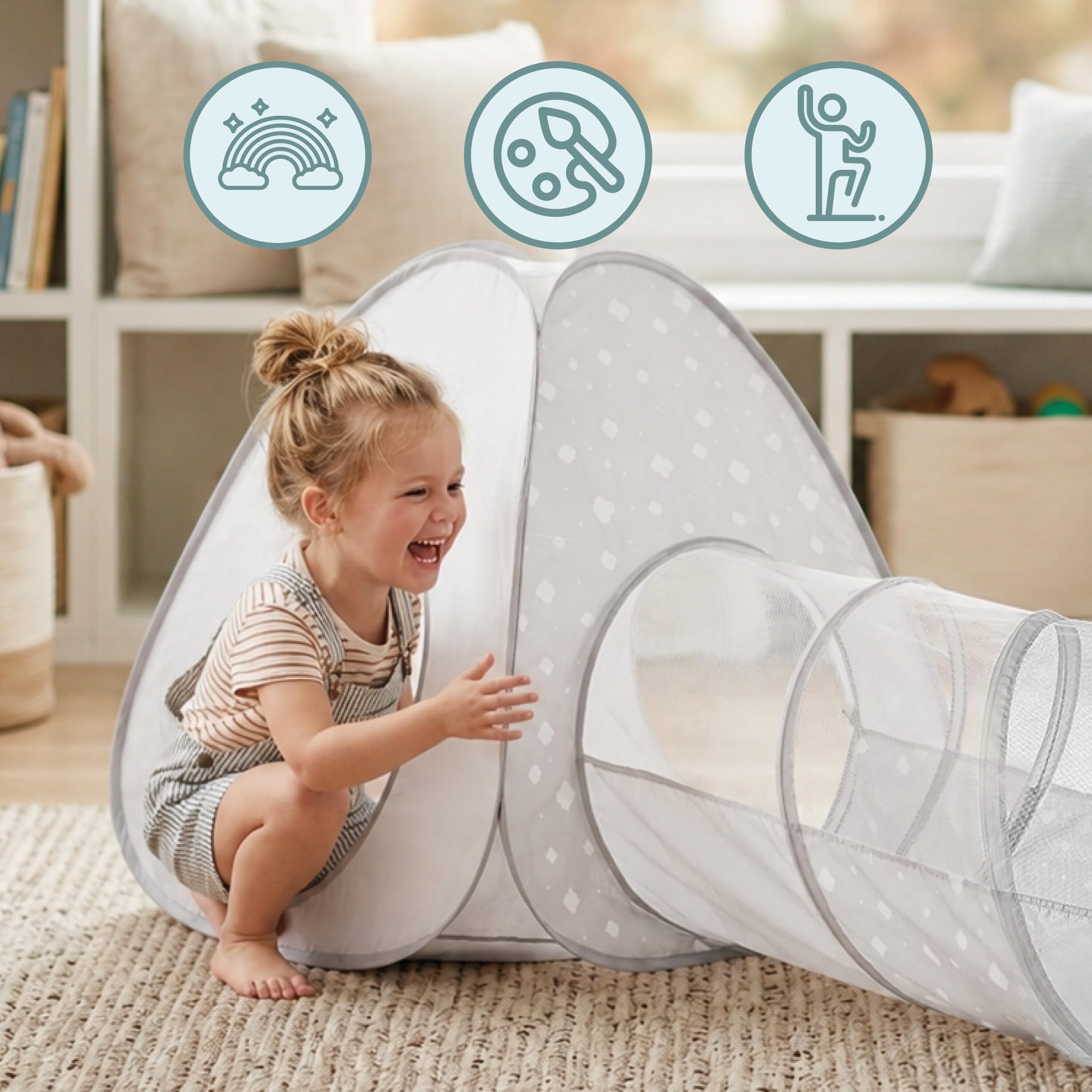 mamabrum 3-in-1 Spielzelt Set für Kinder, Dreieckszelt mit Tunnel und Spielwürfel, Polyester, Grau mit weißem Muster, 80 × 80 × 86 cm, ab 36 Monaten, Indoor