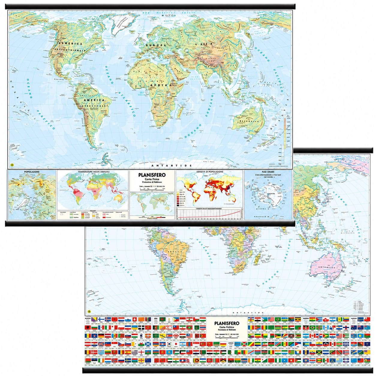 Belletti Carta Murale MONDO Scolastica con Bandiere 132x99 cm, Planisfero da Parete Bifacciale Fisico e Politico, Plastificata Antiriflesso con Aste in PVC
