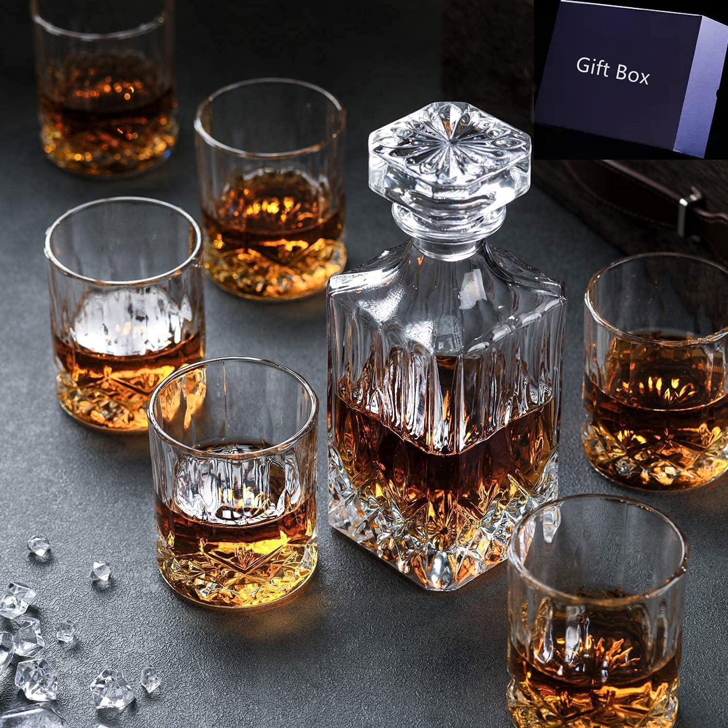 Whiskey Decanter & Glasses Set, Lead-Free Crystal Glass, Tasting Cups Scotch Old Fashioned Glass, Wine Bottle for Drinking Irish Whisky, Bourbon(Iceberg, 1 Decanter & 6 Glasses Set,1Gift Box) (D)