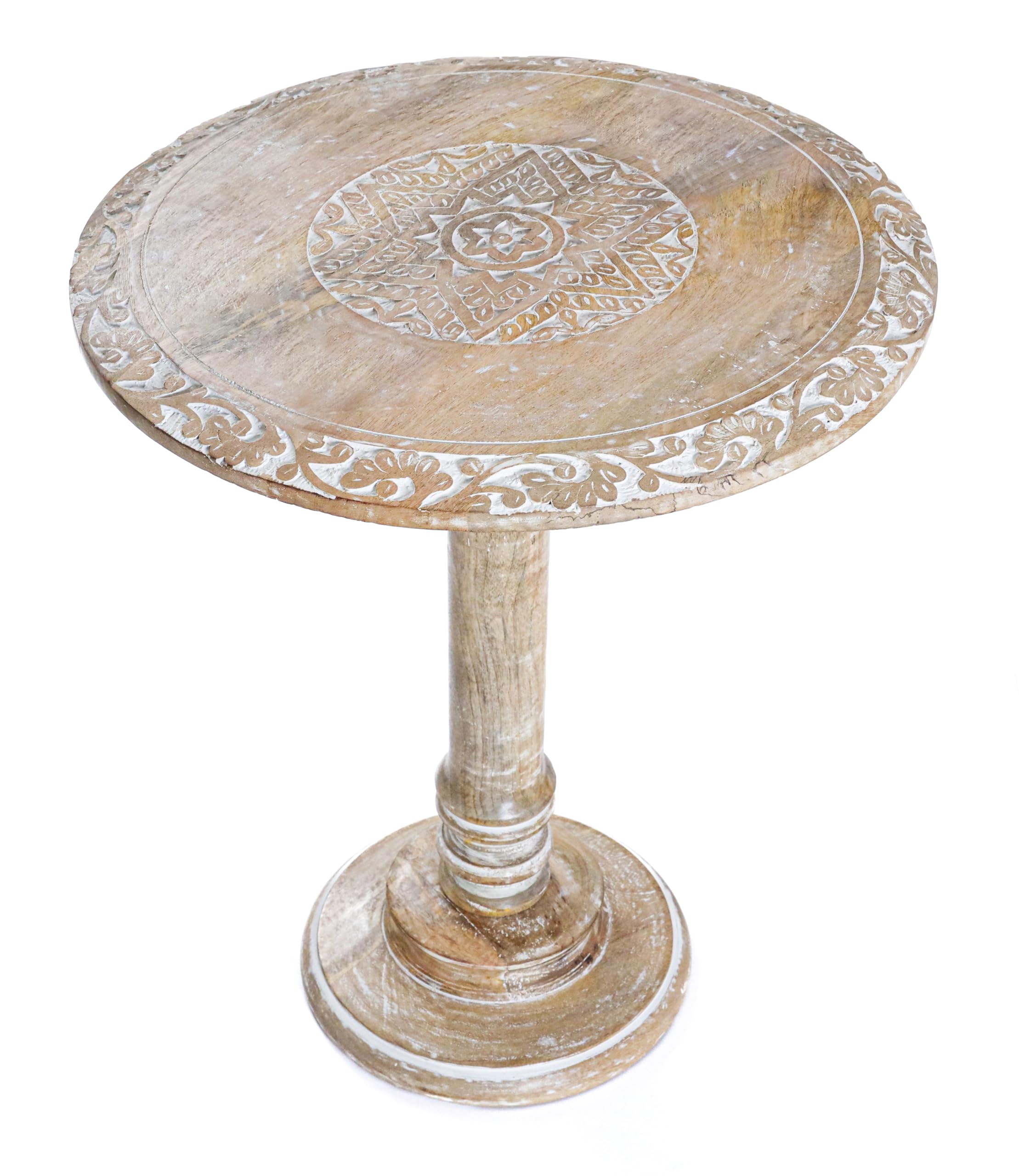 Solid Wood Carved Side Table 18x22 Inch, Rustic Accent Table for Living Room
