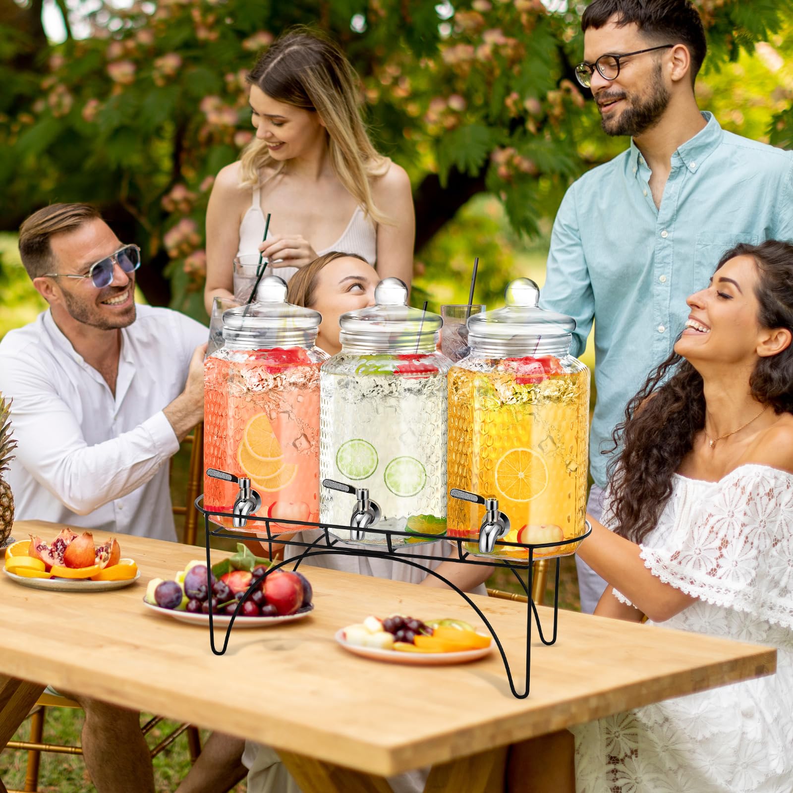 3 dispensadores de bebidas de 1 galón, dispensador de bebidas de vidrio con soporte, grandes recipientes transparentes para fiestas, jarra de vidrio con espiga y tapa para fiesta, bar,