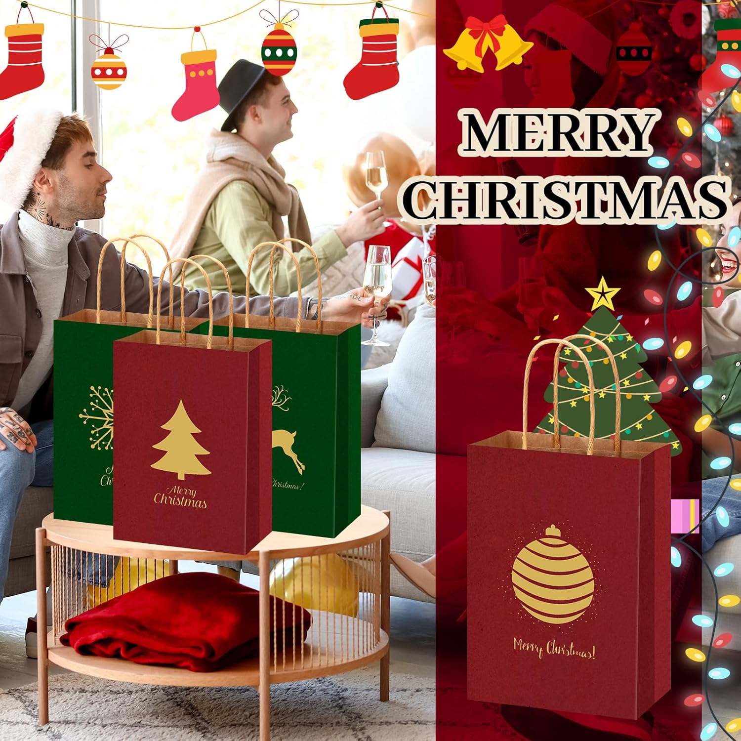 Tenceur 48 Pcs Kraft Christmas Gift Bags with Handle Red and Green Xmas Paper Treat Candy Goodie Bags with Snowflake Elk Xmas Tree Patterns for Christmas Party Supplies Favors Gift Wrapping