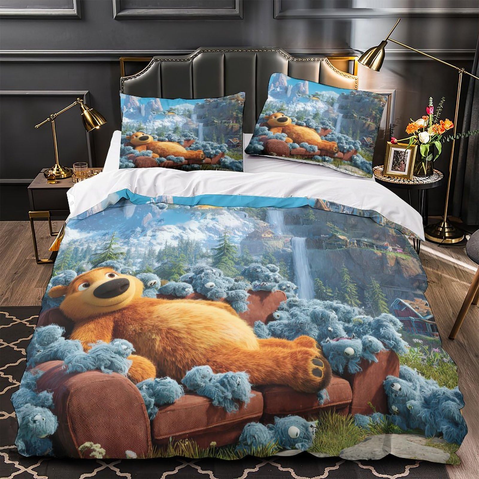 Housse de couette ours mignon pour chambre de fille et lit simple 135x200cm au décor fantastique