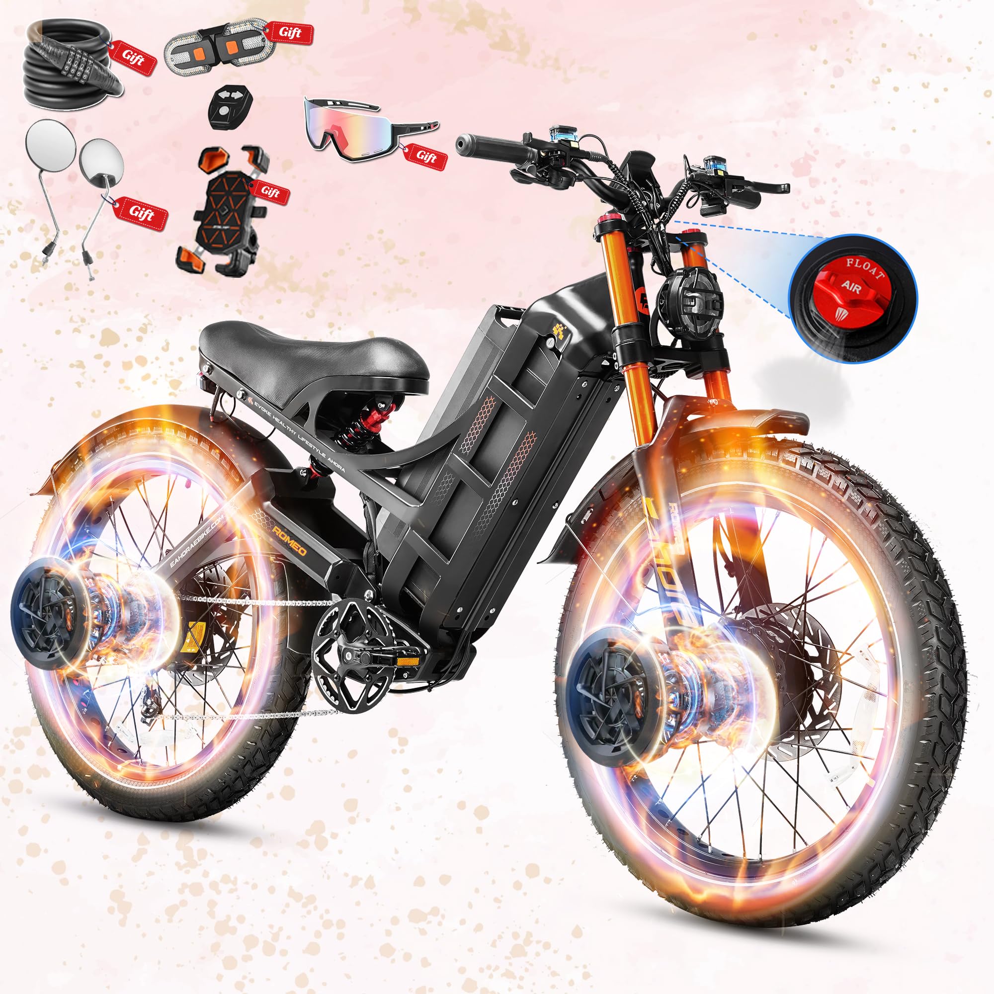 eAhora 2026 Romeo Pro 3/2 52-46Mph Electric Bike for Adults 6000W/4000W/2500W Dual Motor Ebike 60V/80Ah 52V/70Ah Long Range Fat Tire Full Suspension Electric Mountain Bicycle