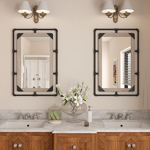 Miniatura 7 de Espejo de tubo industrial rústico  36 x 24 pulgadas, espejo de pared rectangular de metal decorativo para baño, sala de estar, dormitorio, espejo de