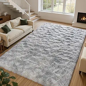 Zentavio Grey and White Area Rugs for Living Room Large Men Room Carpet 9x12 Bedroom Fluffy Furry Shag Aesthetic Plush High Pile Floor Rug for Kids Room Dorm Home Decor Tie-Dyed