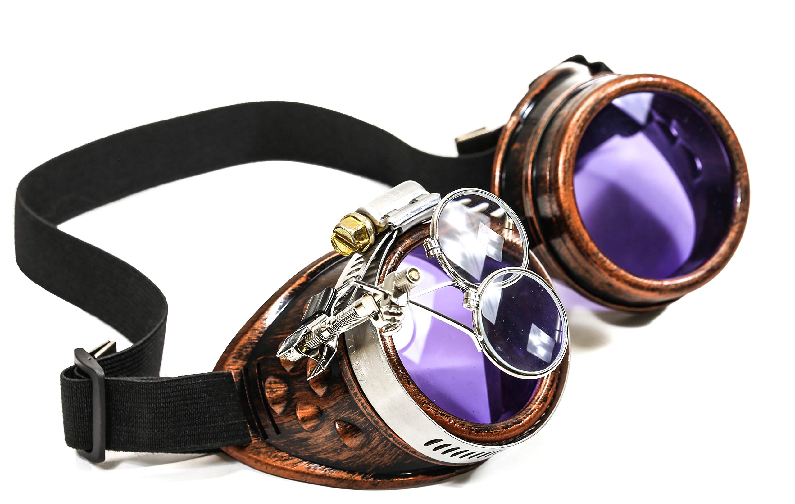 Copper Steampunk Victorian Style Goggles Colored Lenses & Ocular Loupe Mad Scientist (Purple)