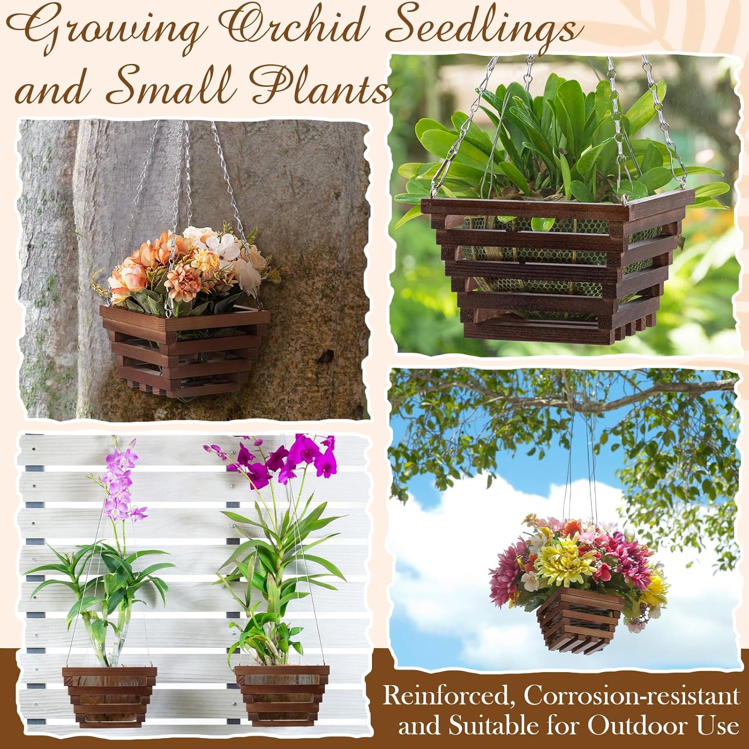 SiliFine 5 Pcs Wooden Orchid Hanging Basket with Hangers Pine Rustic Vanda Baskets Square Handmade Orchid Pots for Indoors Outdoors Garden Staghorn Ferns Mount Plants Flowers (6inch,8inch,10inch)